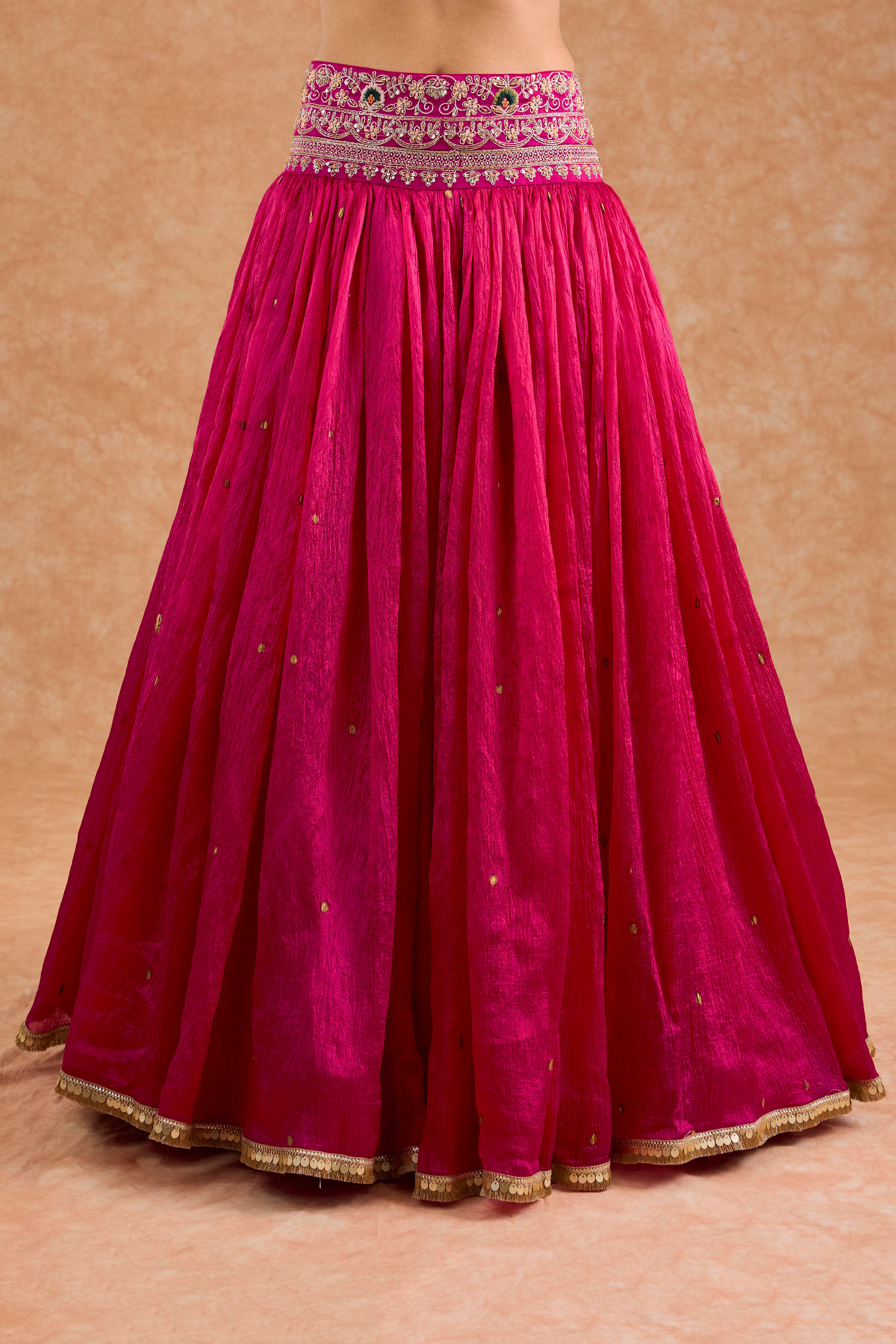 Hot Pink And Teal Viscose Silk Hand Embroidered Lehenga Set