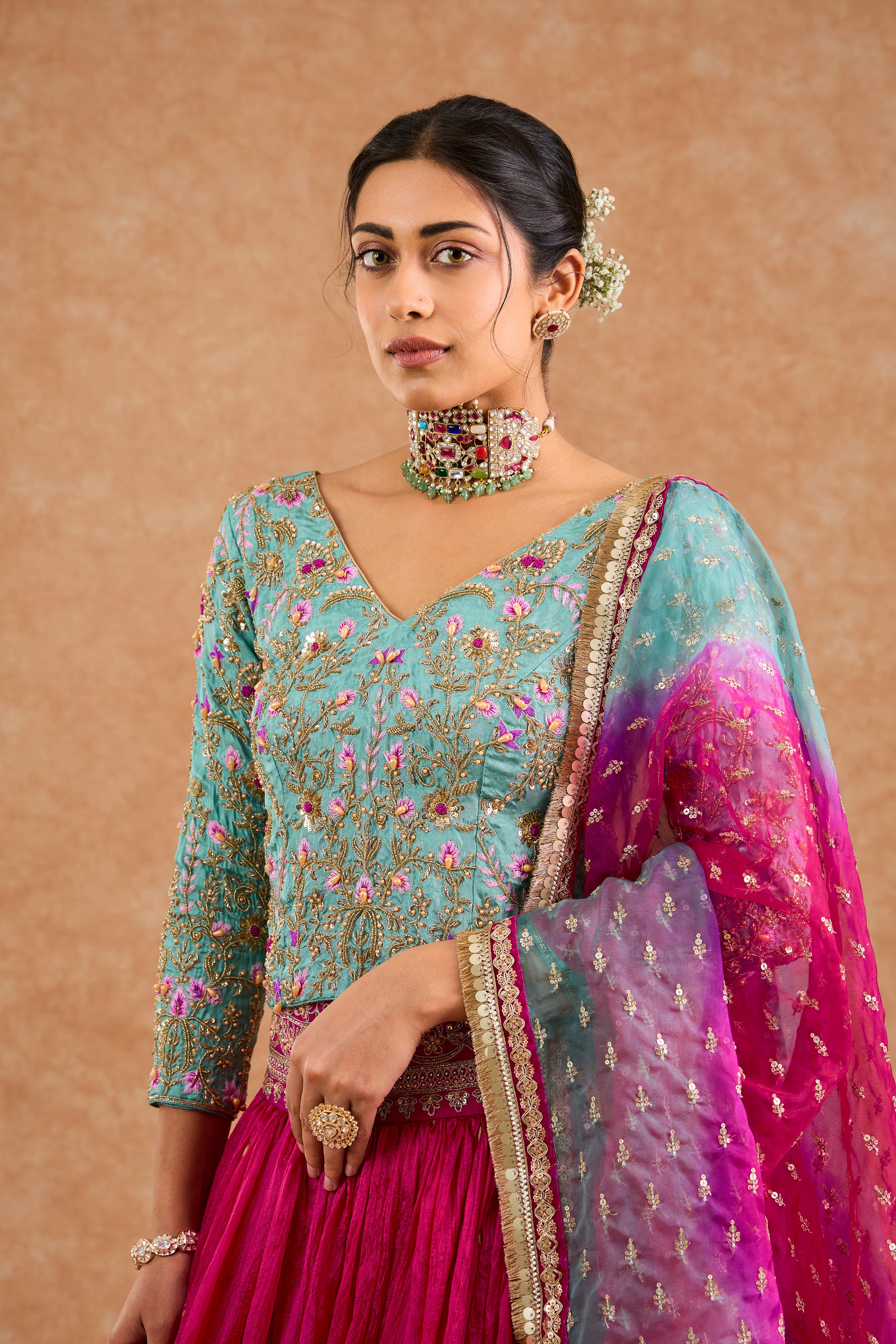 Hot Pink And Teal Viscose Silk Hand Embroidered Lehenga Set