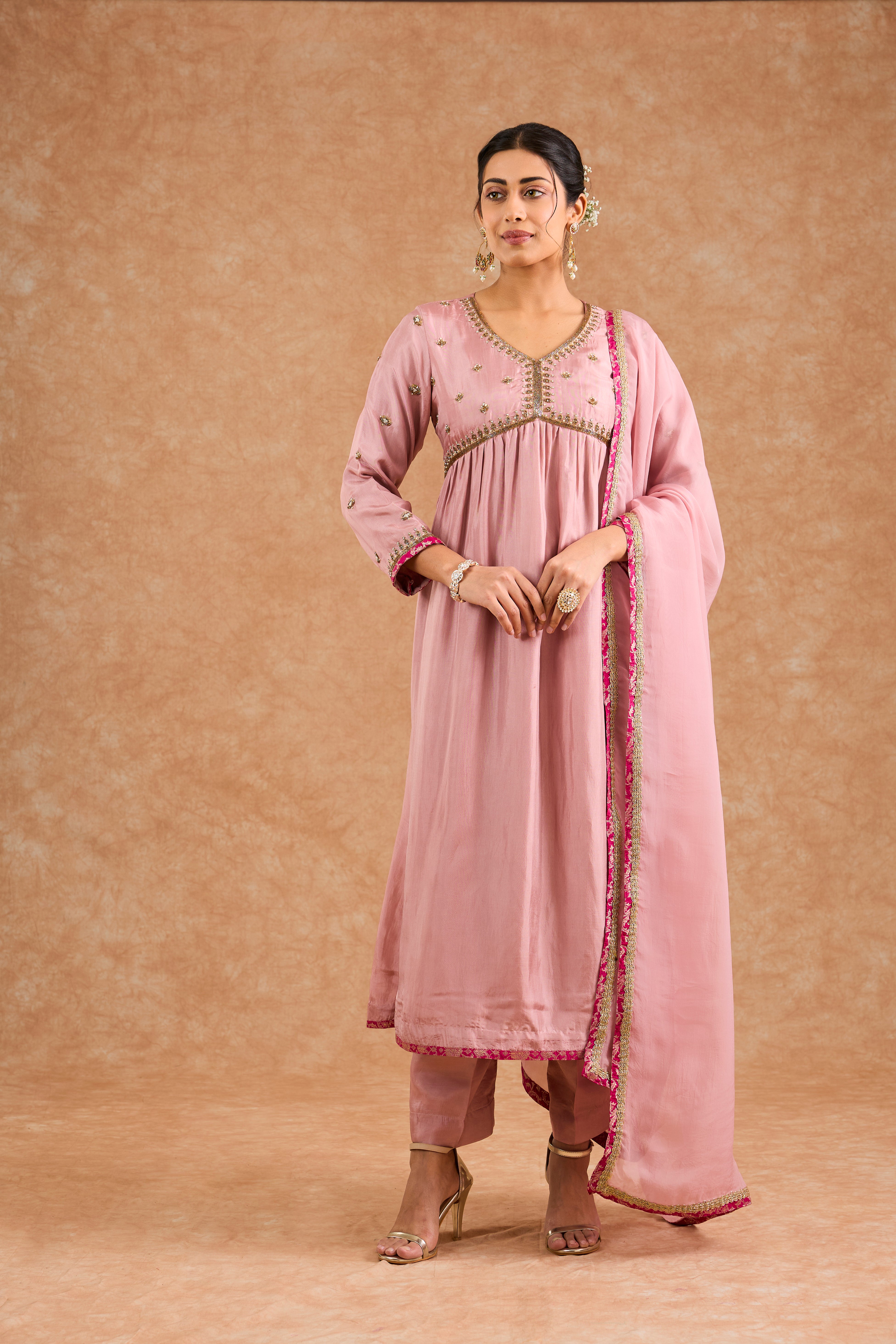 Dull Pink Viscose Opara Silk Hand Embroidered Kurta Set