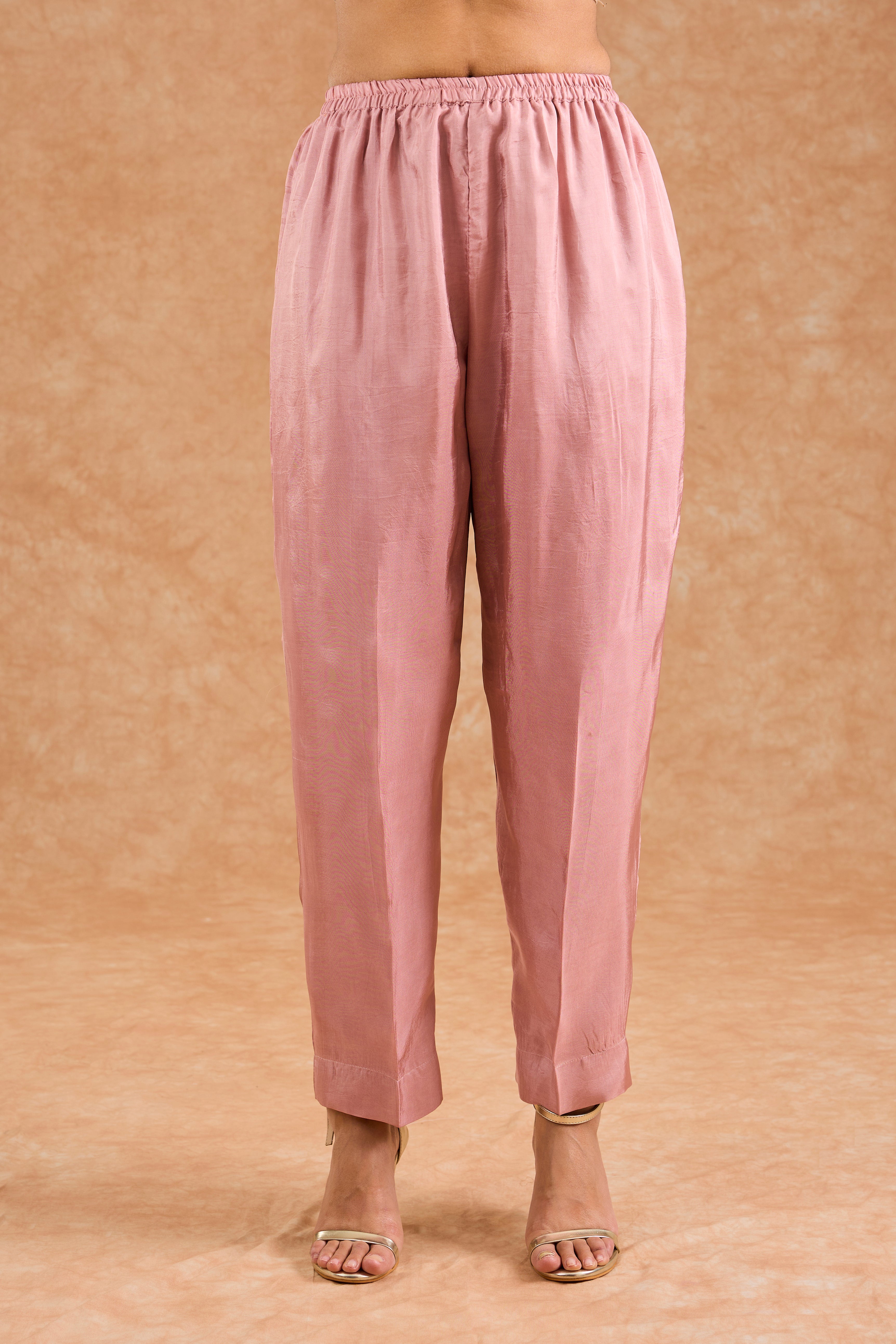 Dull Pink Viscose Opara Silk Hand Embroidered Kurta Set
