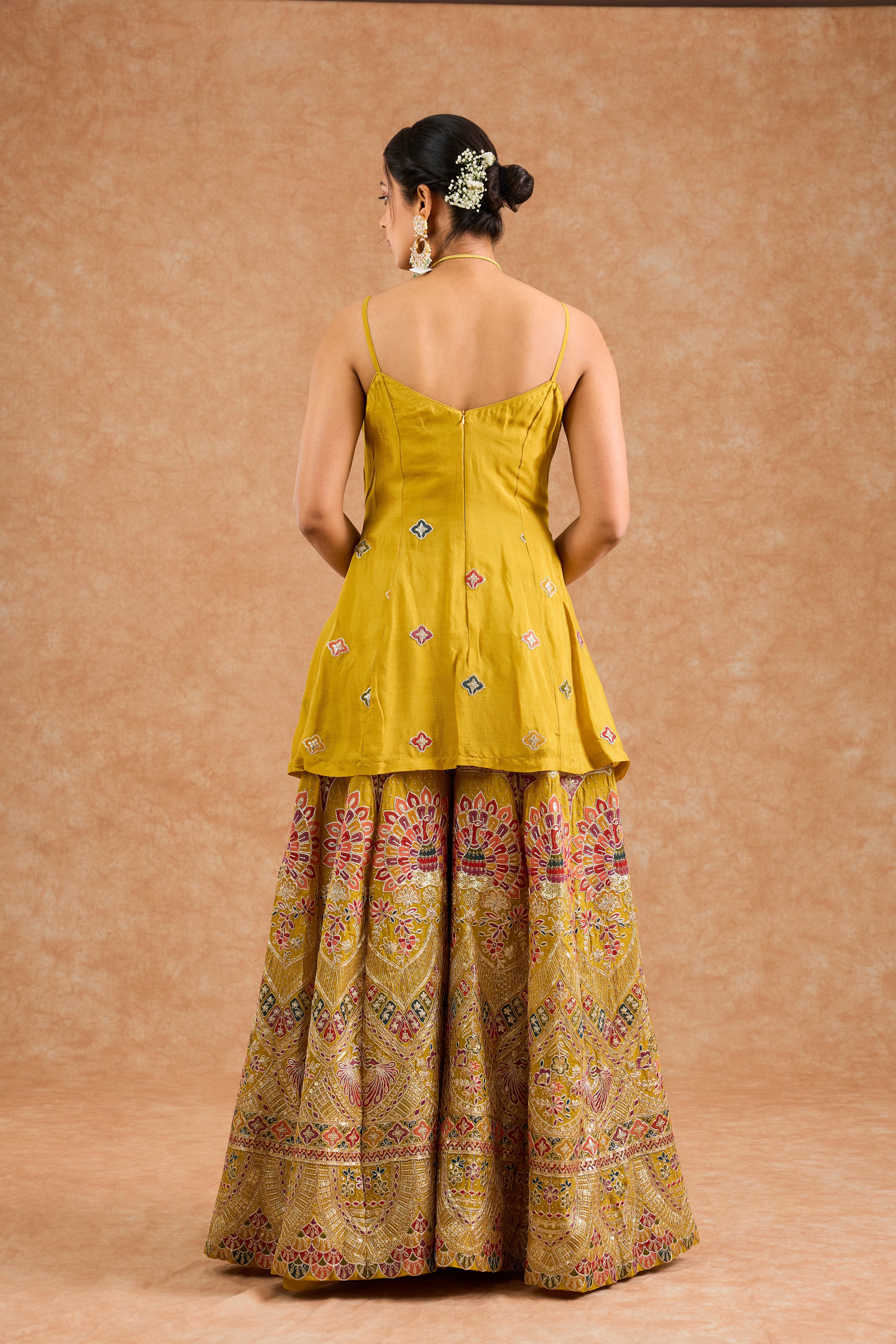 Mustard  Chinon Multocolored Thread Work  Peplum Sharara Set