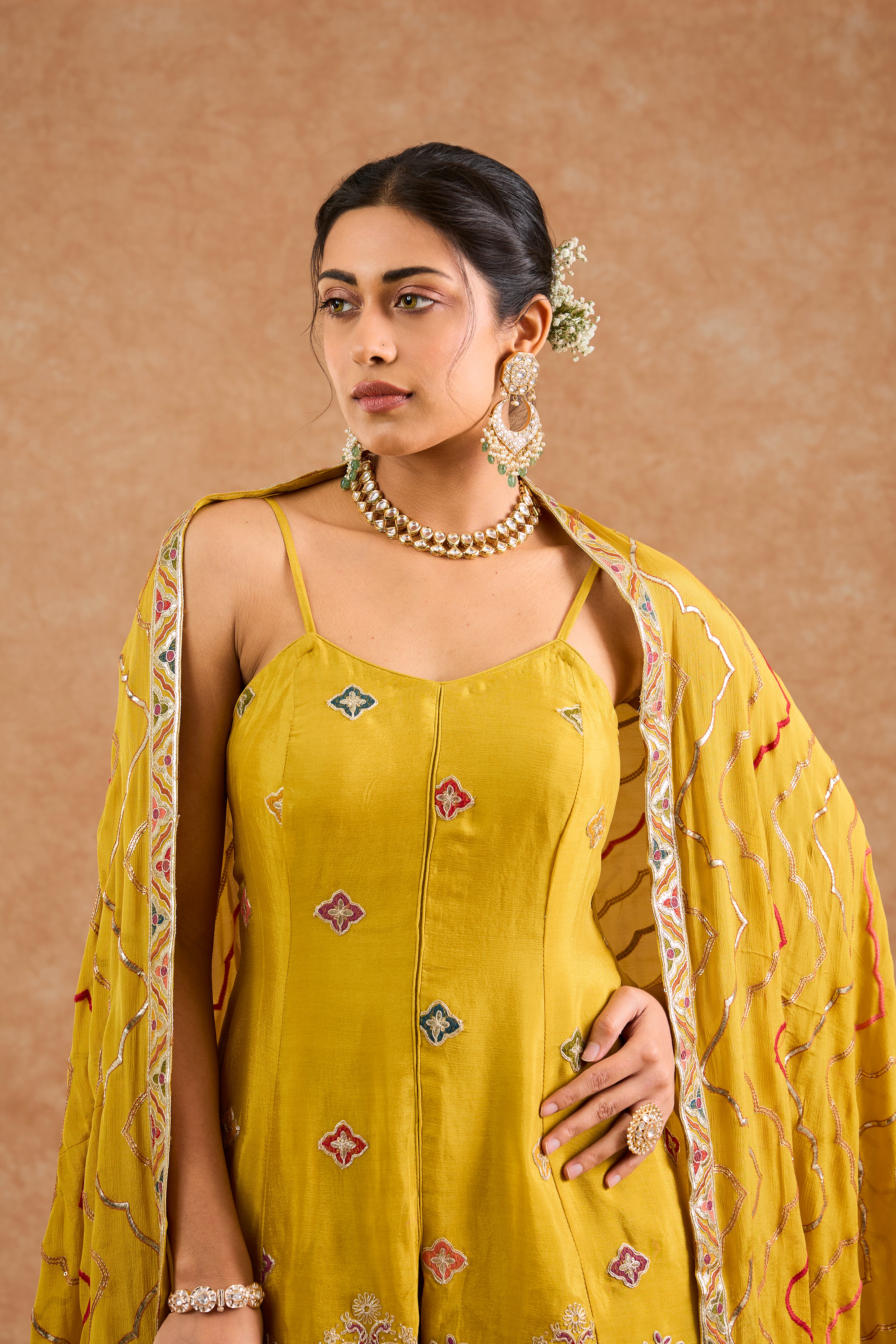 Mustard  Chinon Multocolored Thread Work  Peplum Sharara Set
