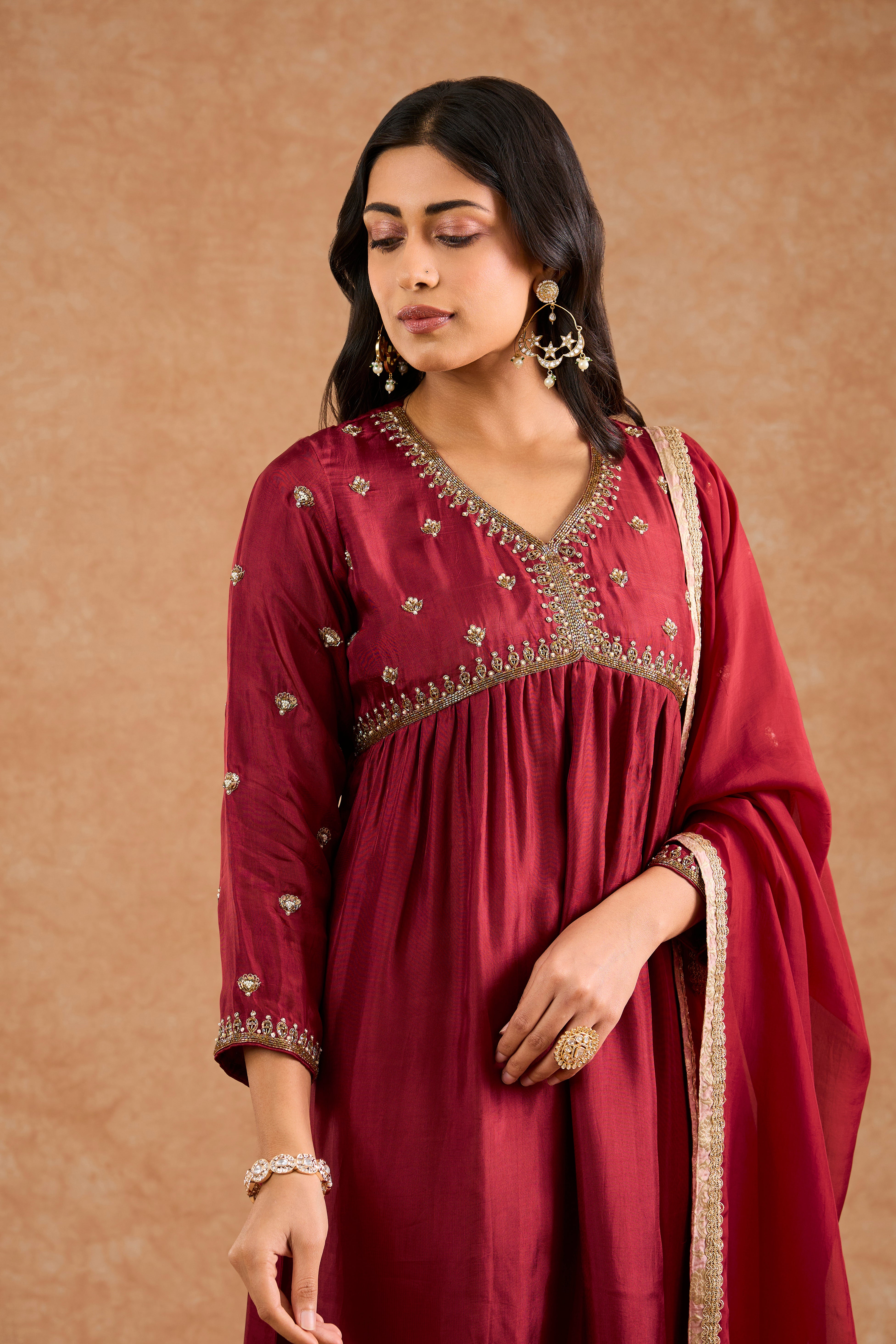 Maroon Viscose Opara Silk Hand Embroidered Kurta Set