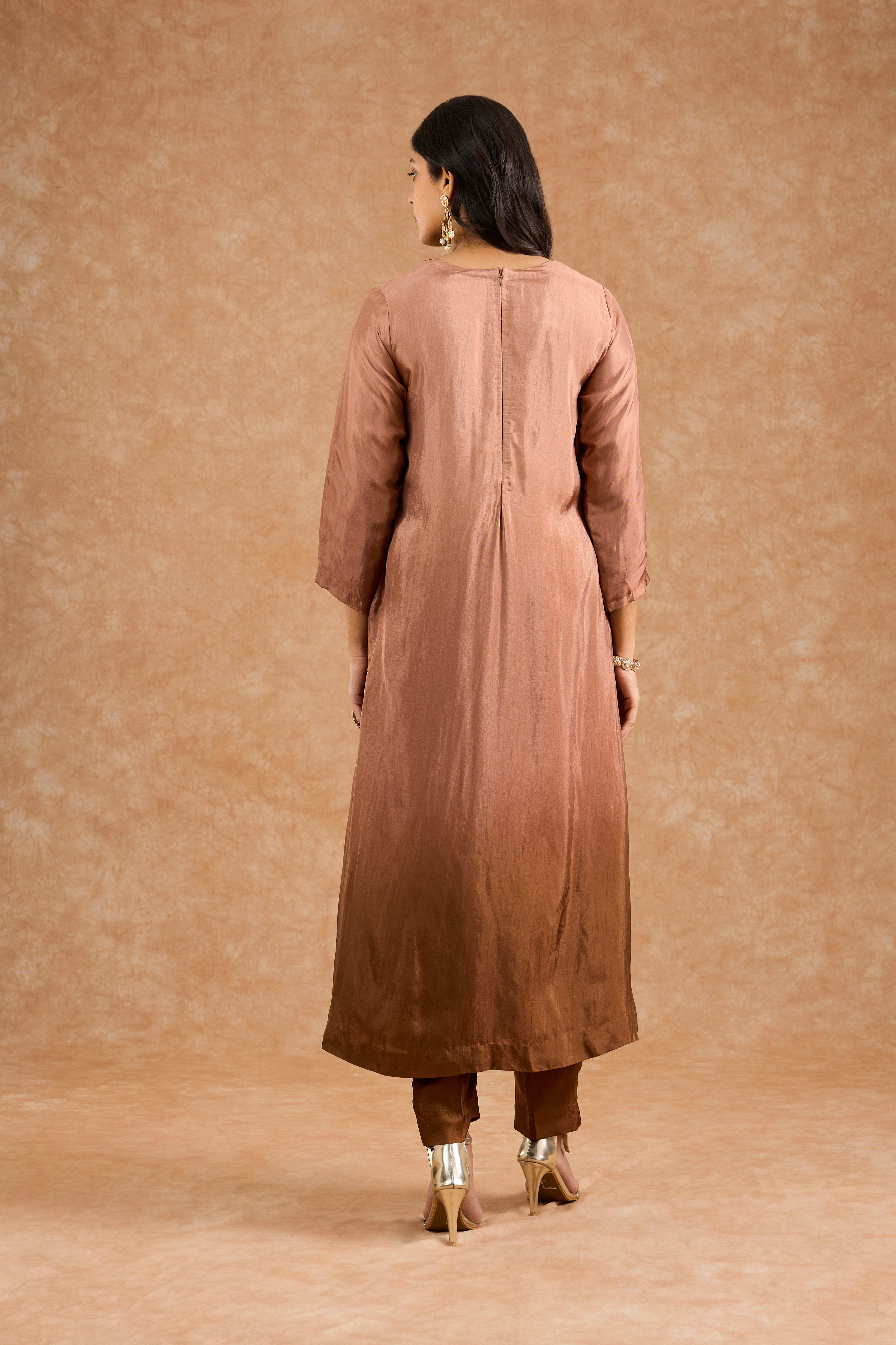 Brown Ombre Opara Silk Hand Embroidered Kurta Set