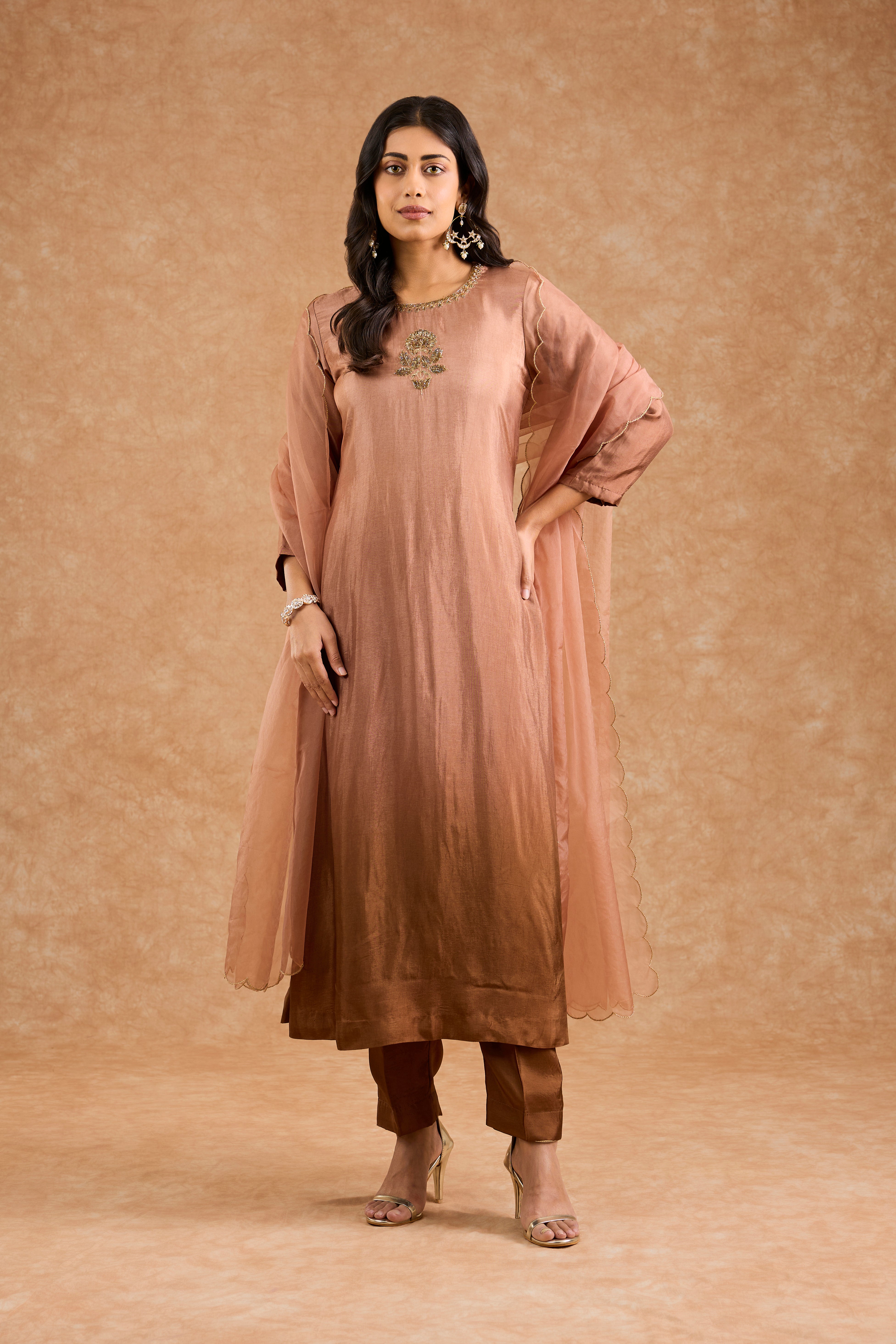Brown Ombre Opara Silk Hand Embroidered Kurta Set