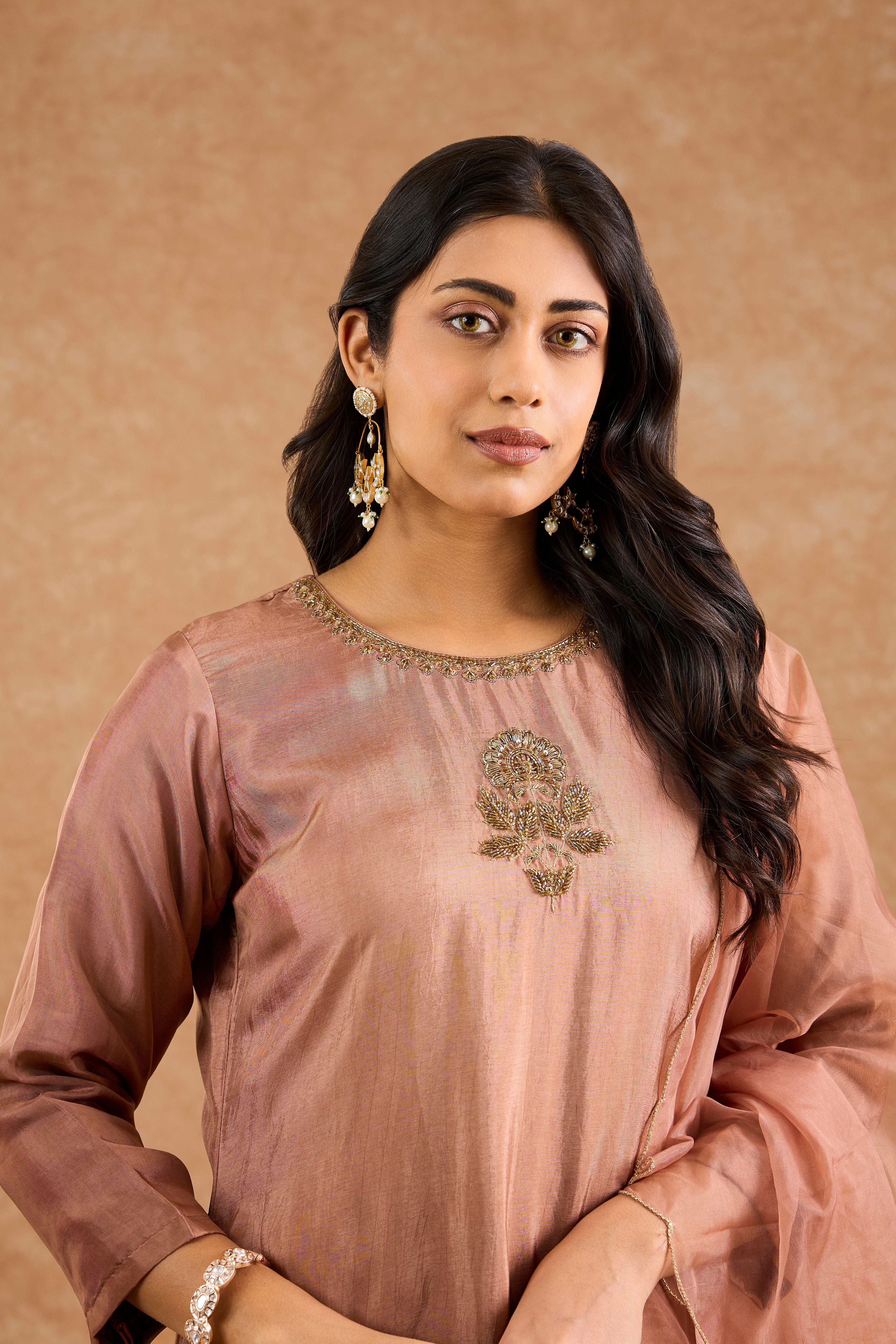 Brown Ombre Opara Silk Hand Embroidered Kurta Set