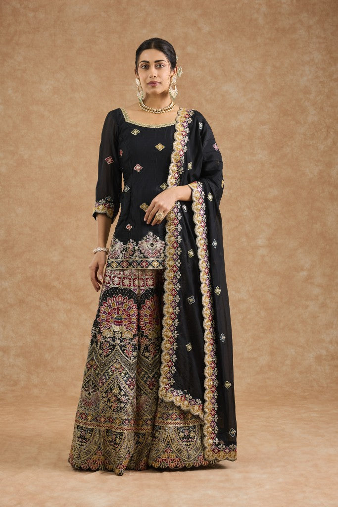 Black  Chinon Multocolored Thread Work   Sharara Set