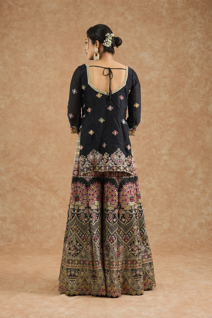 Black  Chinon Multocolored Thread Work   Sharara Set