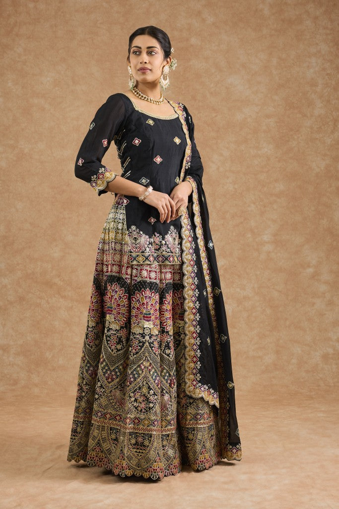 Black  Chinon Multocolored Thread Work   Sharara Set