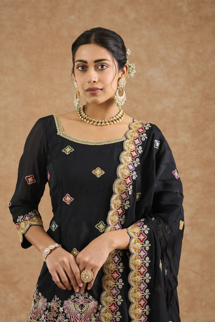 Black  Chinon Multocolored Thread Work   Sharara Set