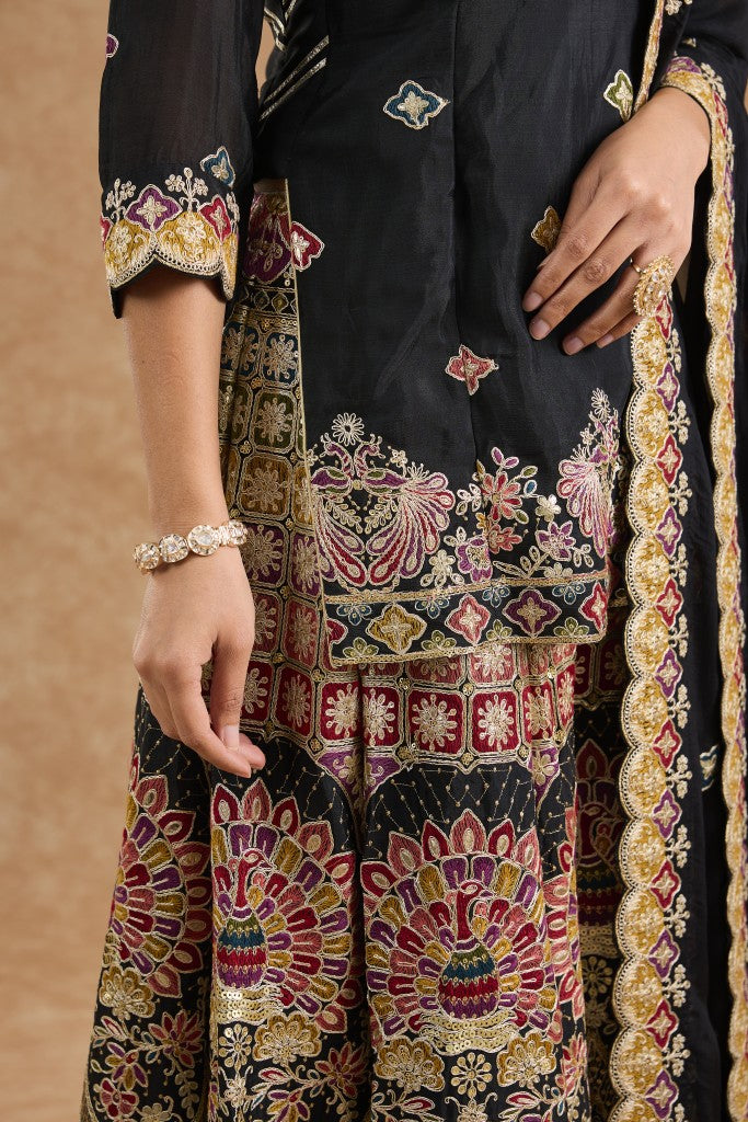 Black  Chinon Multocolored Thread Work   Sharara Set