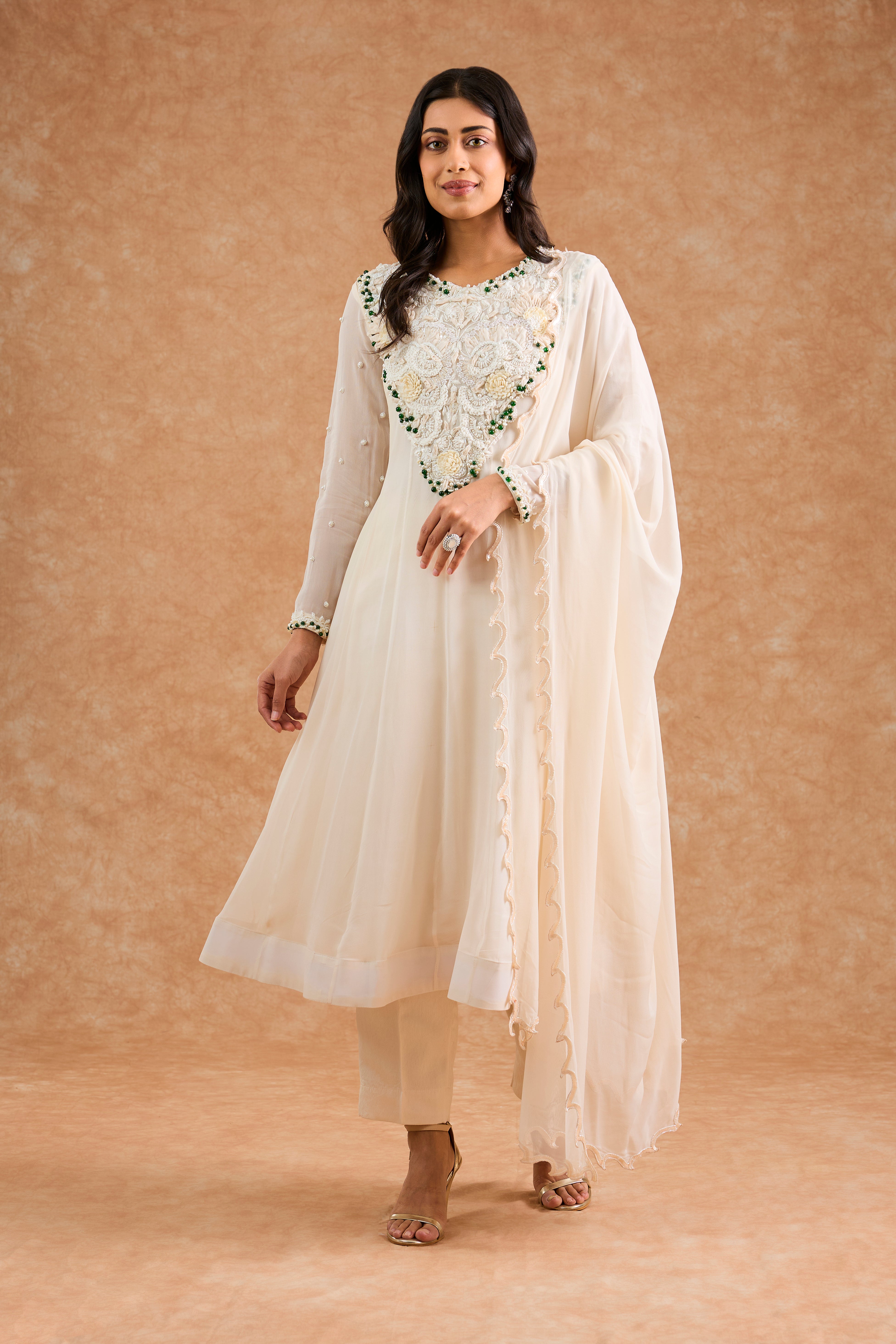 Ivory Georgette Applique Work Anarkali Set