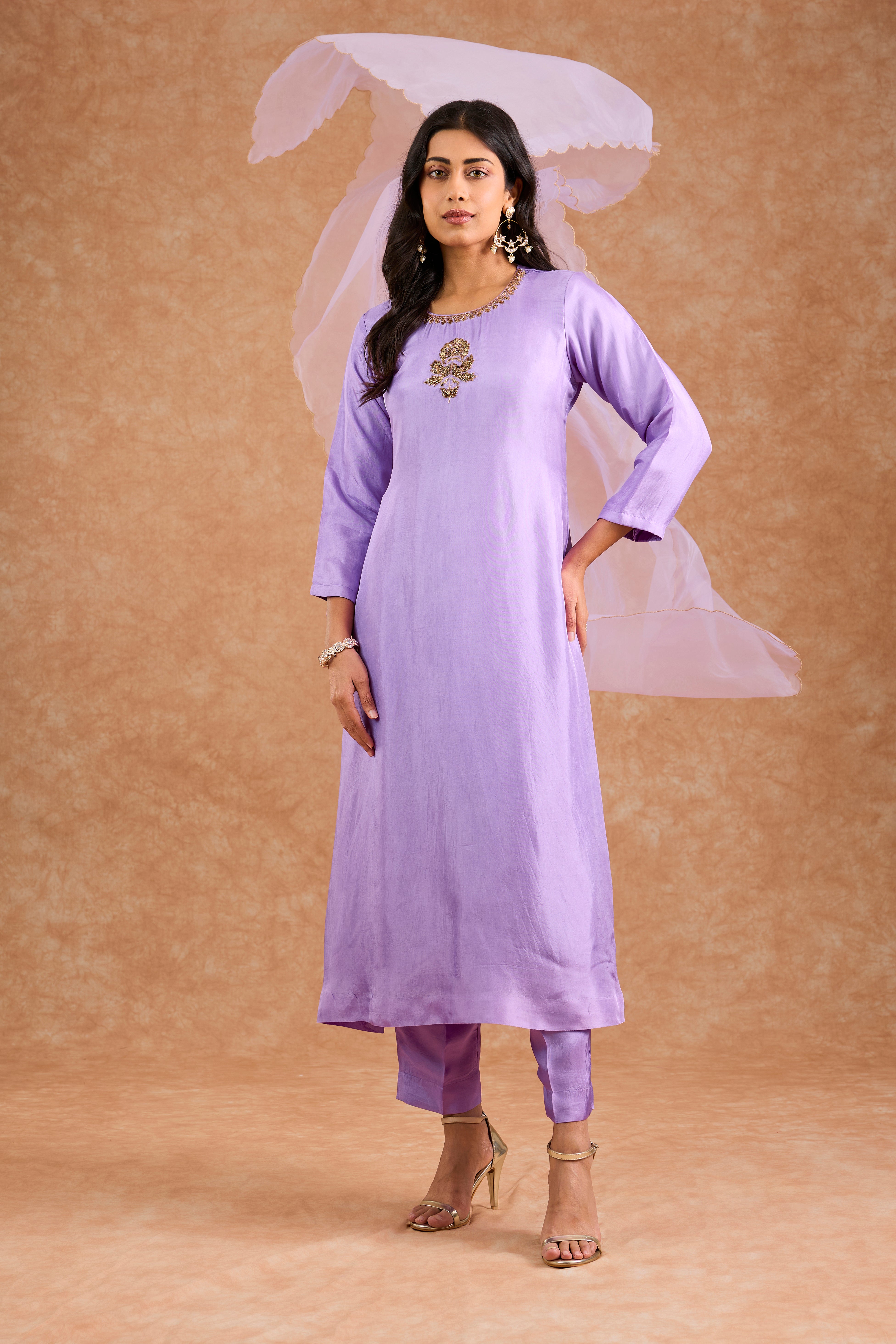 Lavender  Opara Silk Hand Embroidered Kurta Set