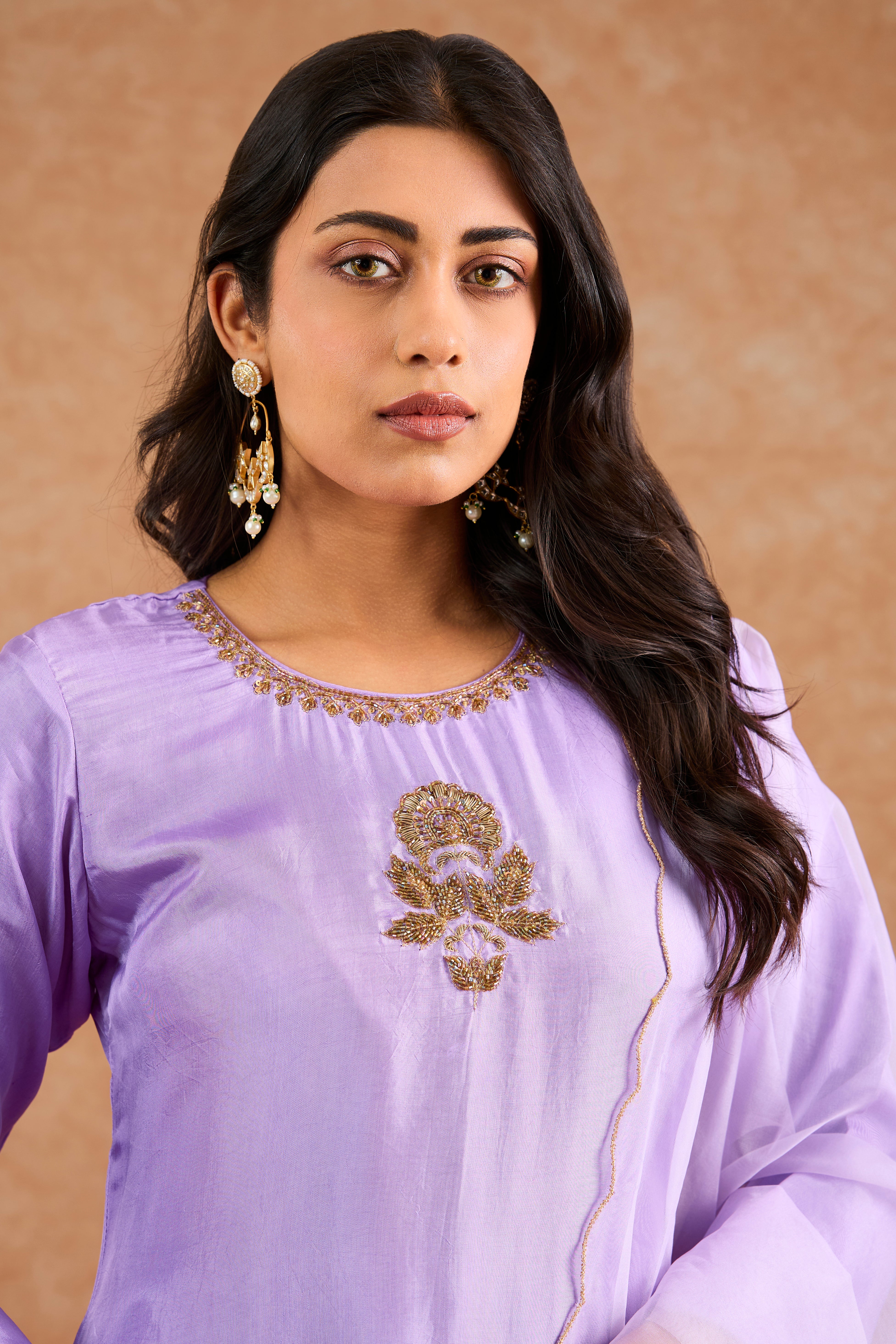 Lavender  Opara Silk Hand Embroidered Kurta Set