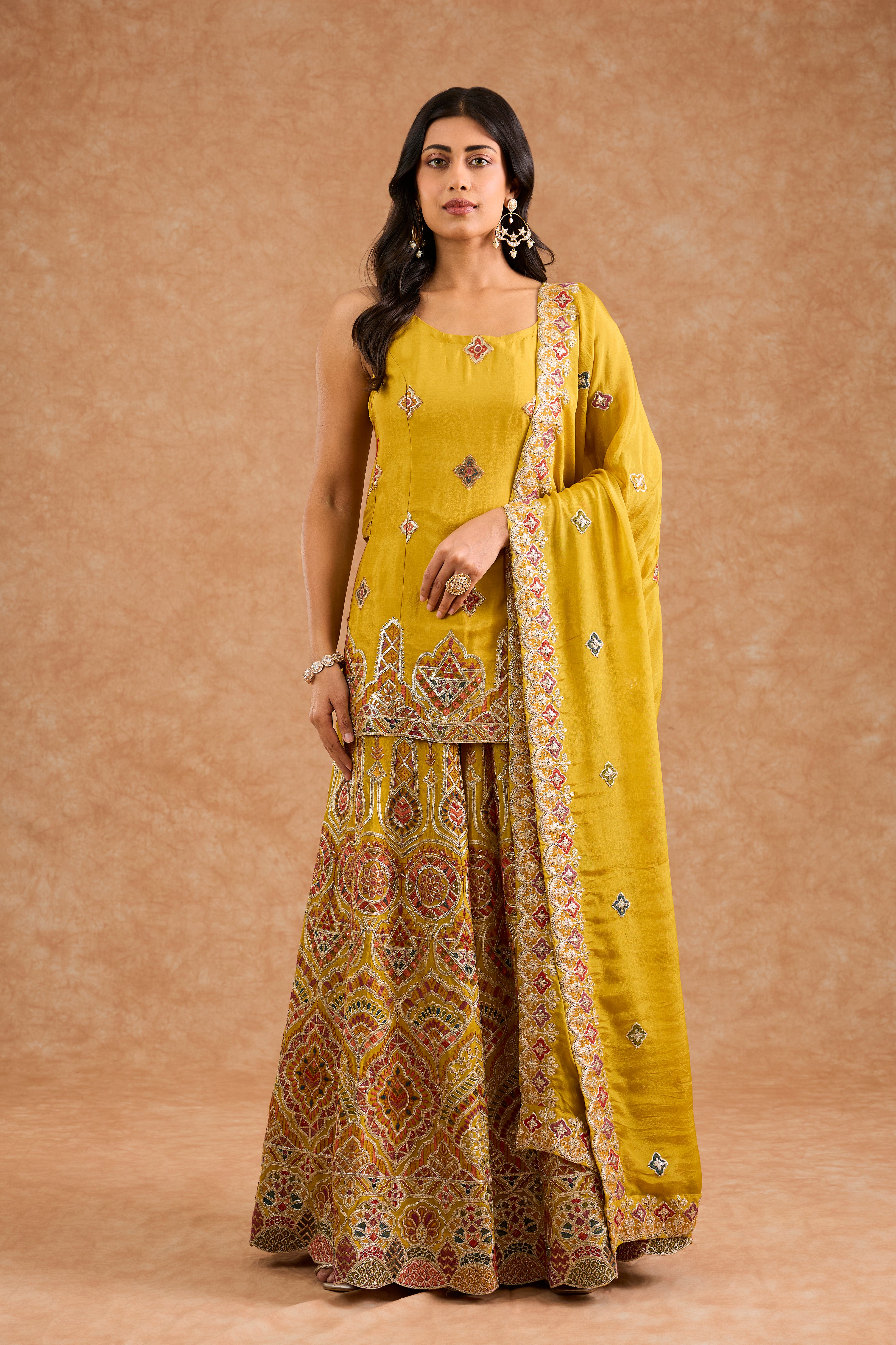 Mustard  Chinon Multocolored Thread Work   Sharara Set