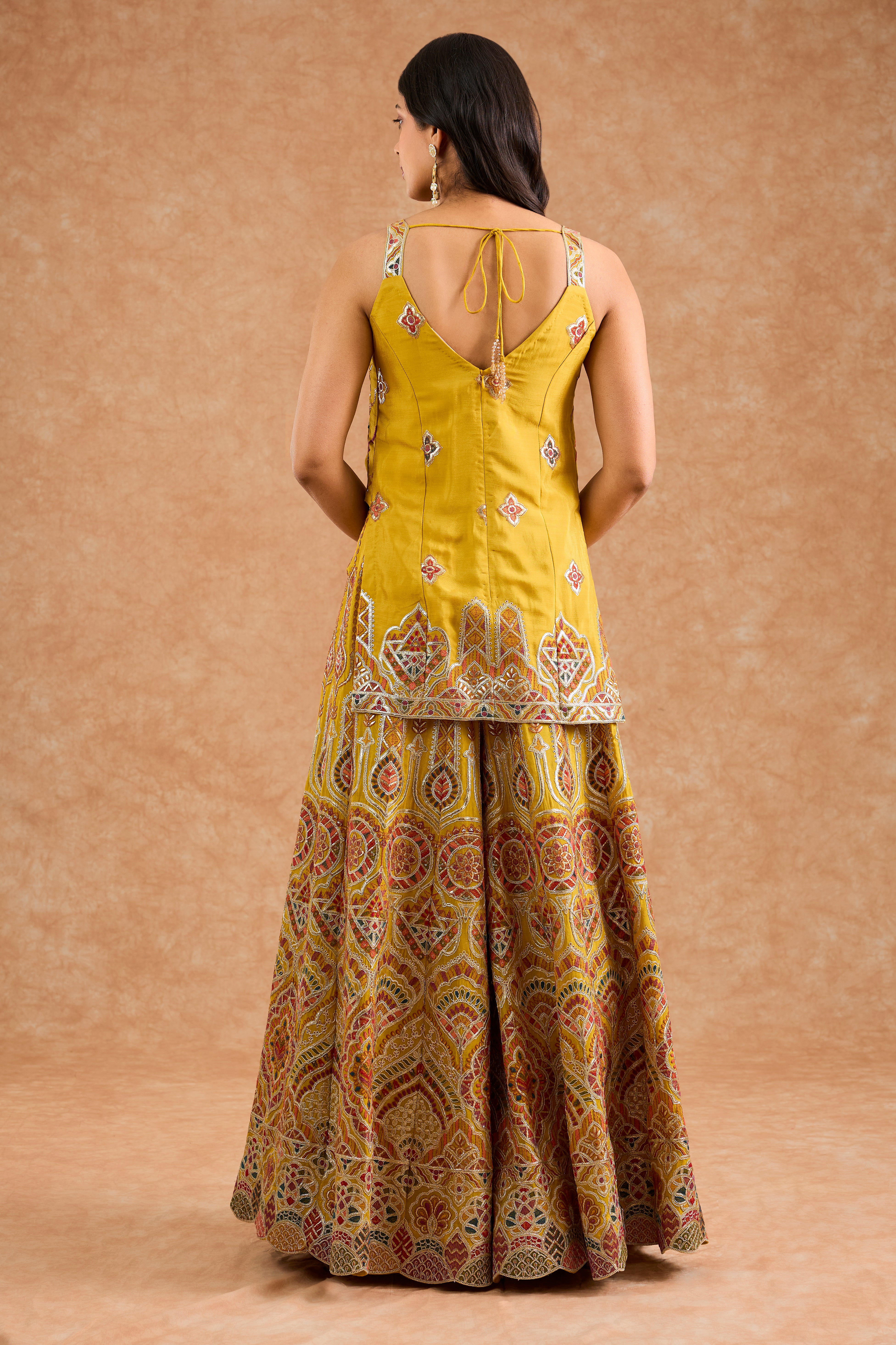 Mustard  Chinon Multocolored Thread Work   Sharara Set