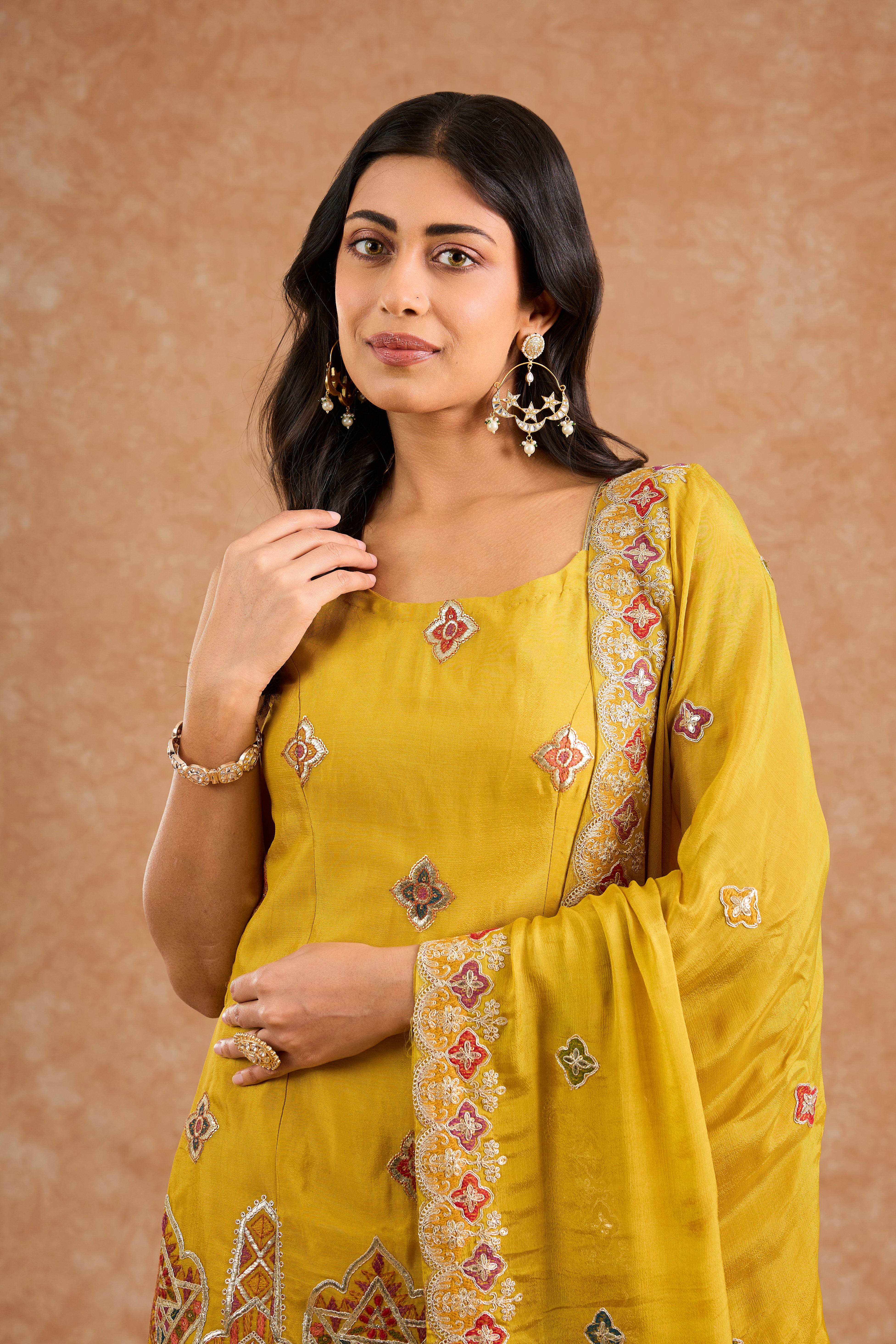 Mustard  Chinon Multocolored Thread Work   Sharara Set