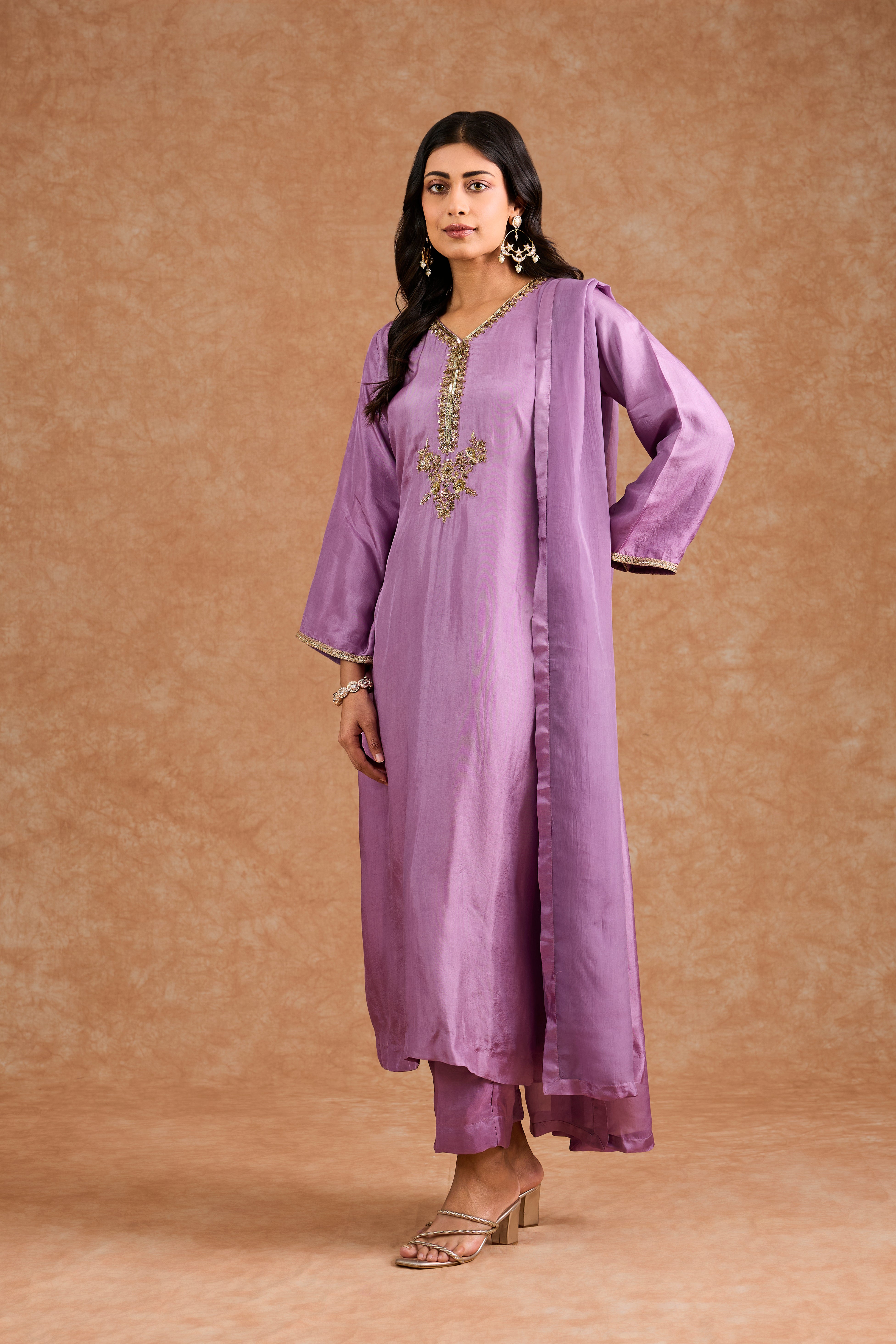 Dull Purple Opara Silk Hand Embroidered Kurta Set