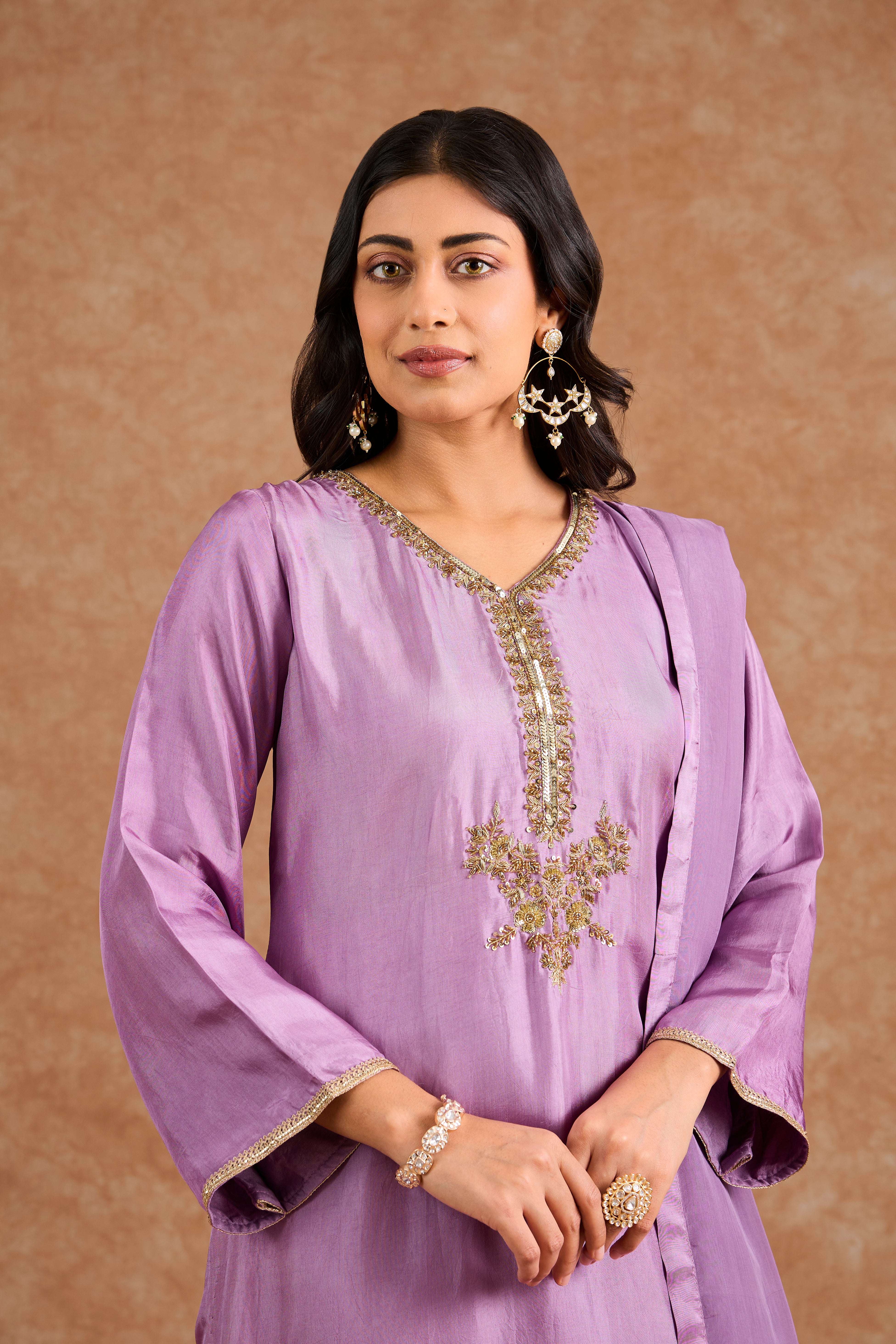 Dull Purple Opara Silk Hand Embroidered Kurta Set