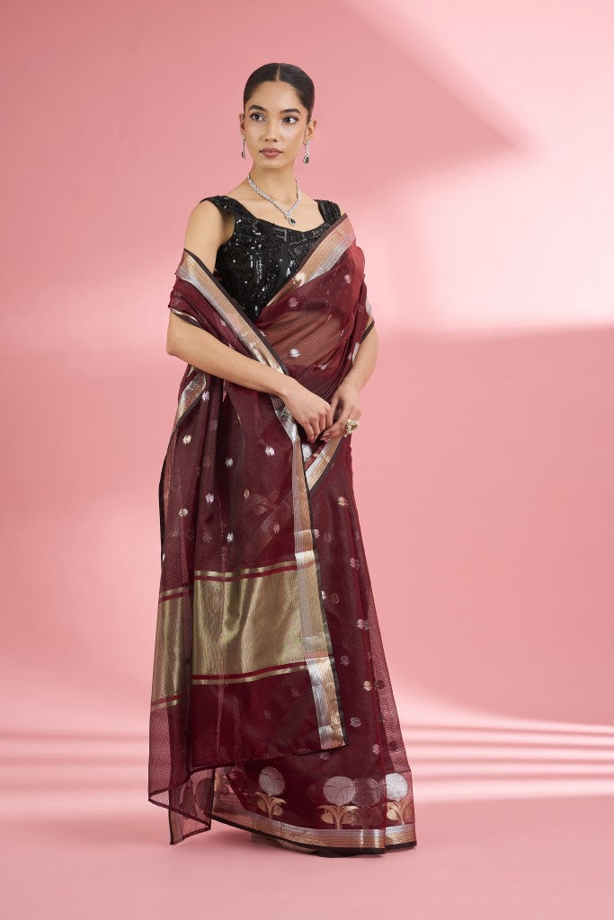 Dark Maroon Premium Kota Doria Silk Saree And Blouse Piece .