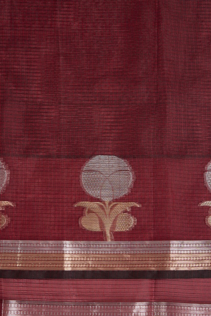Dark Maroon Premium Kota Doria Silk Saree And Blouse Piece .