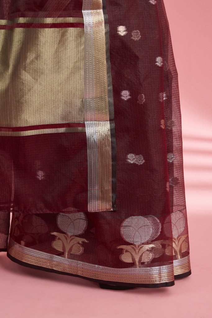 Dark Maroon Premium Kota Doria Silk Saree And Blouse Piece .