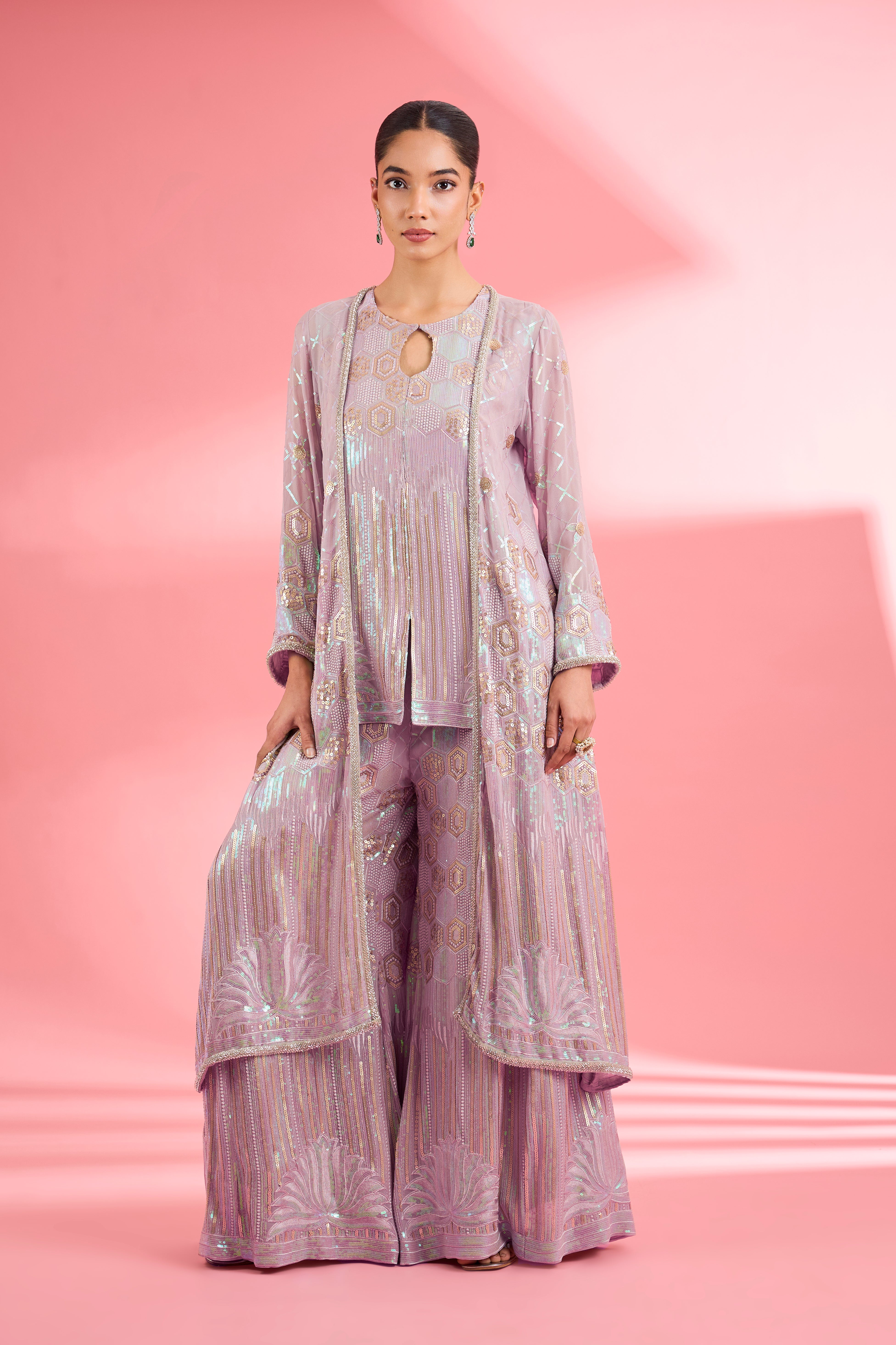 Dull Pink Georgette Sharara Cape Set With Thread And Sequin Work