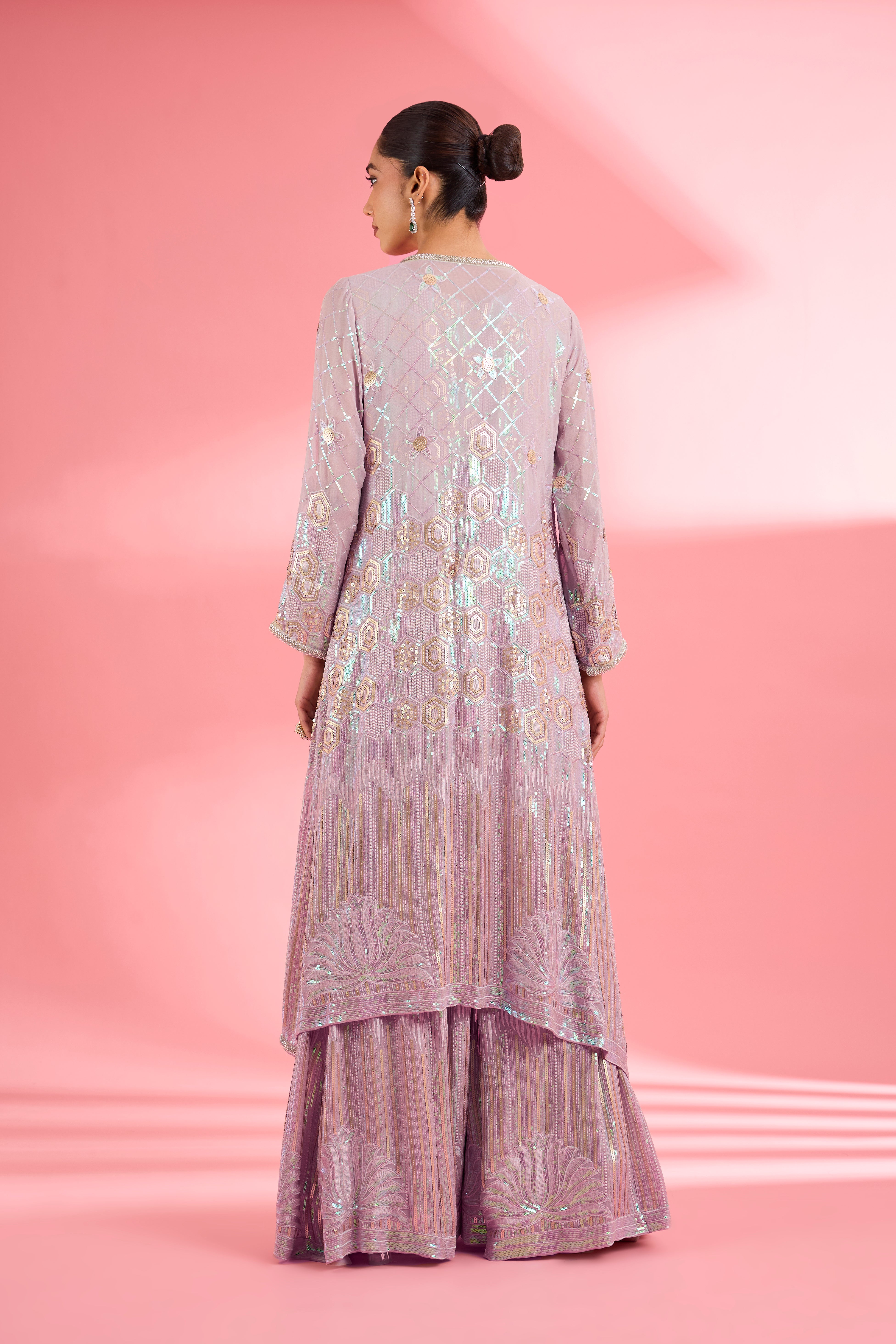 Dull Pink Georgette Sharara Cape Set With Thread And Sequin Work