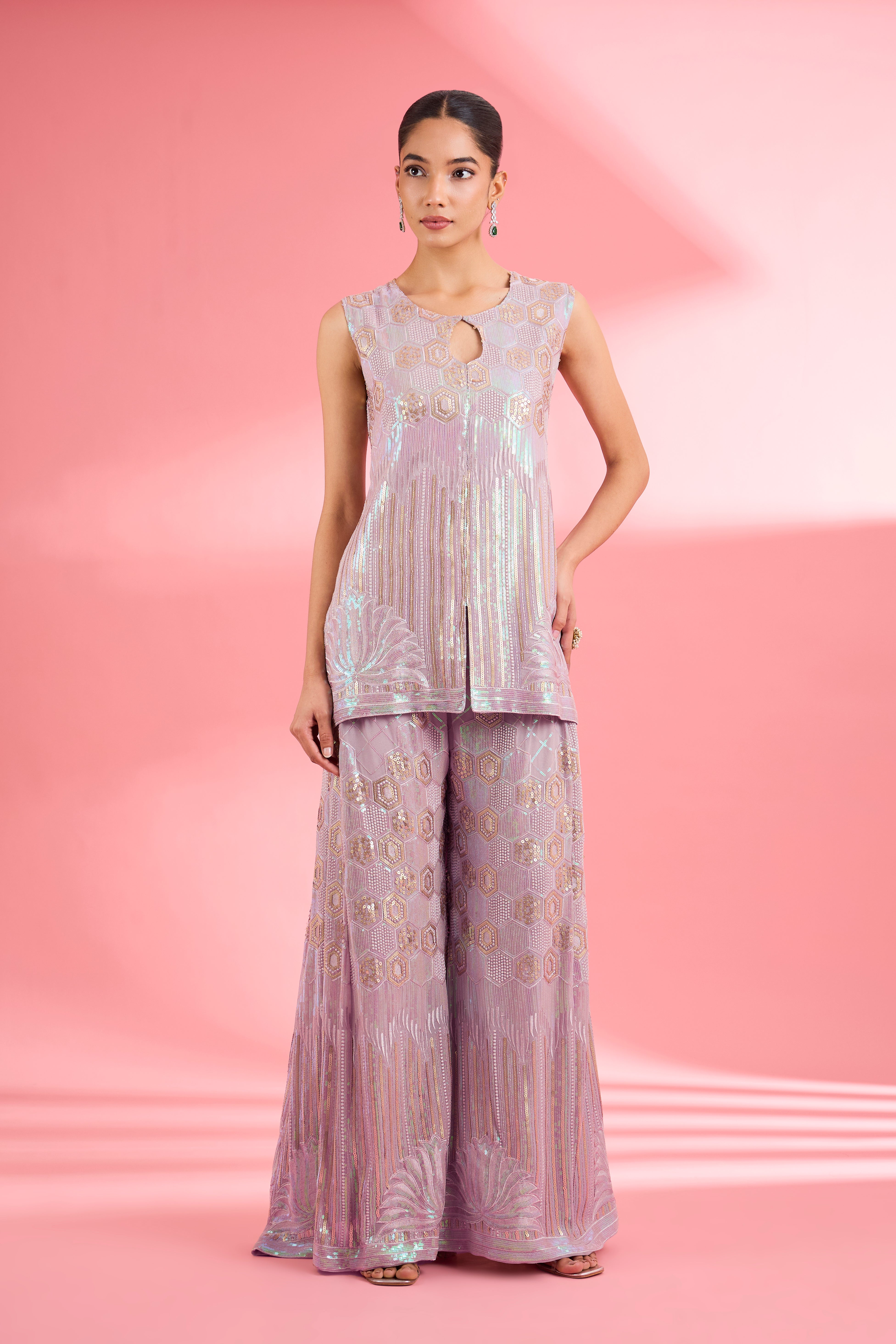 Dull Pink Georgette Sharara Cape Set With Thread And Sequin Work