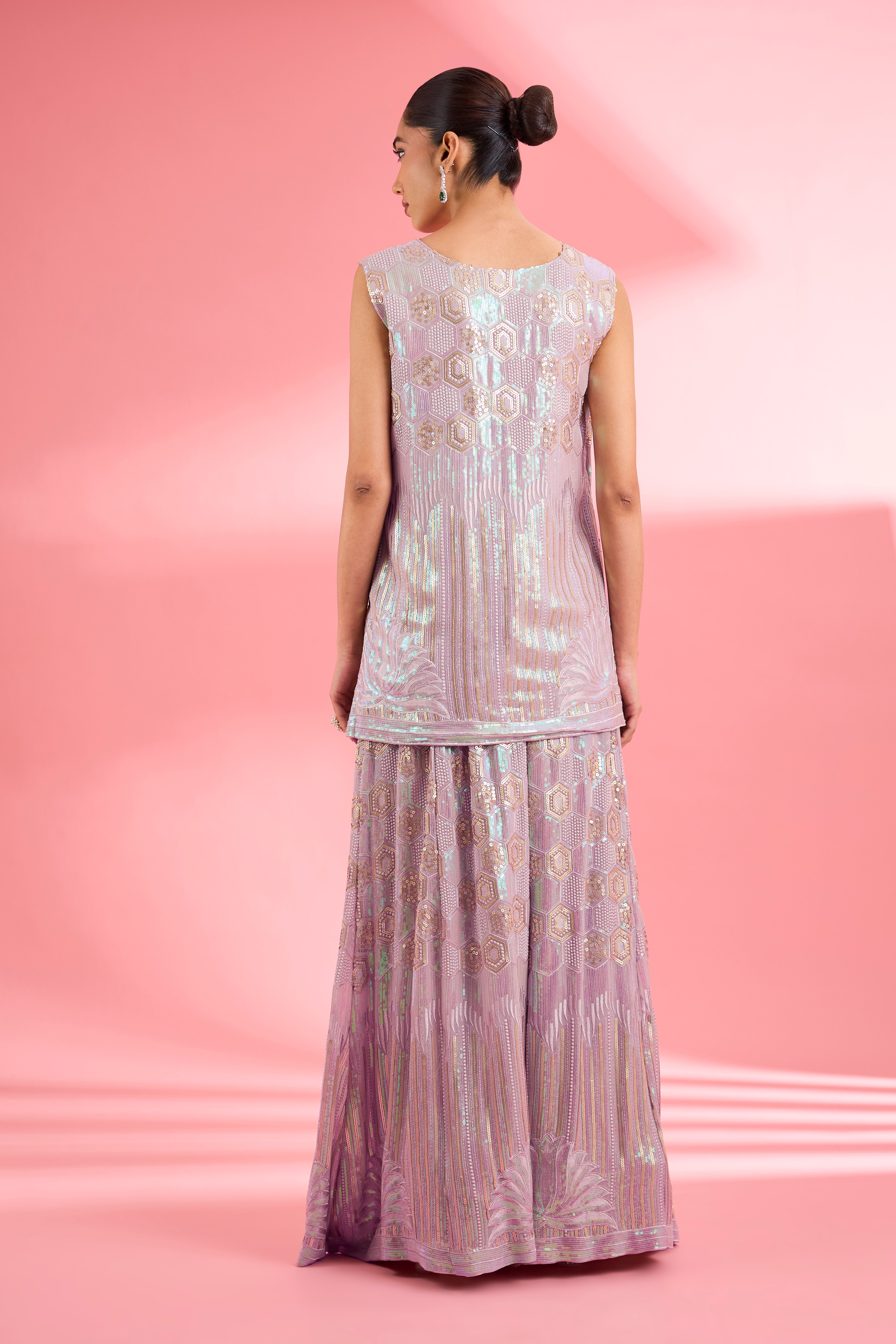 Dull Pink Georgette Sharara Cape Set With Thread And Sequin Work