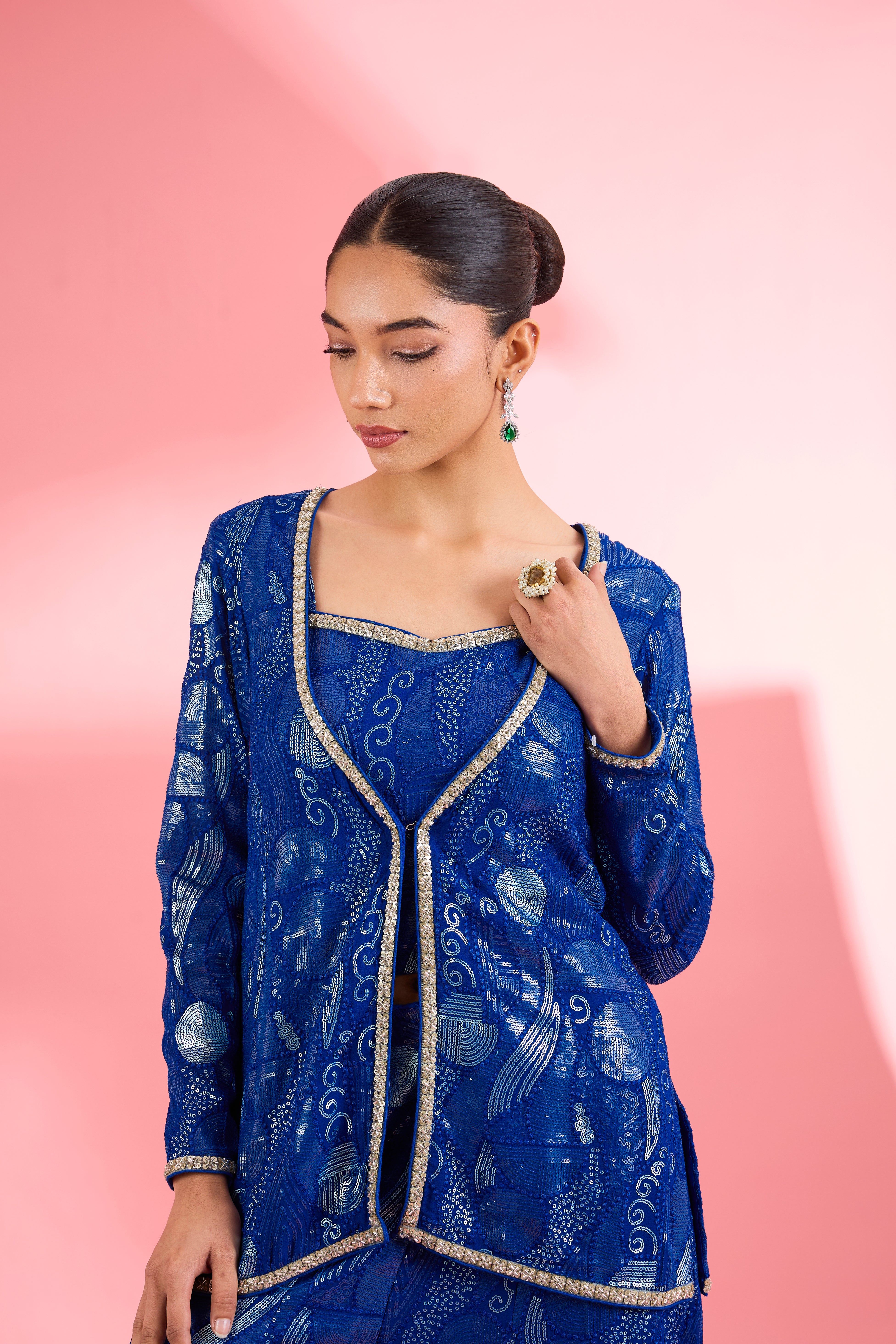 Royal Blue  Georgette Sharara  Set With Thread And Sequin Work