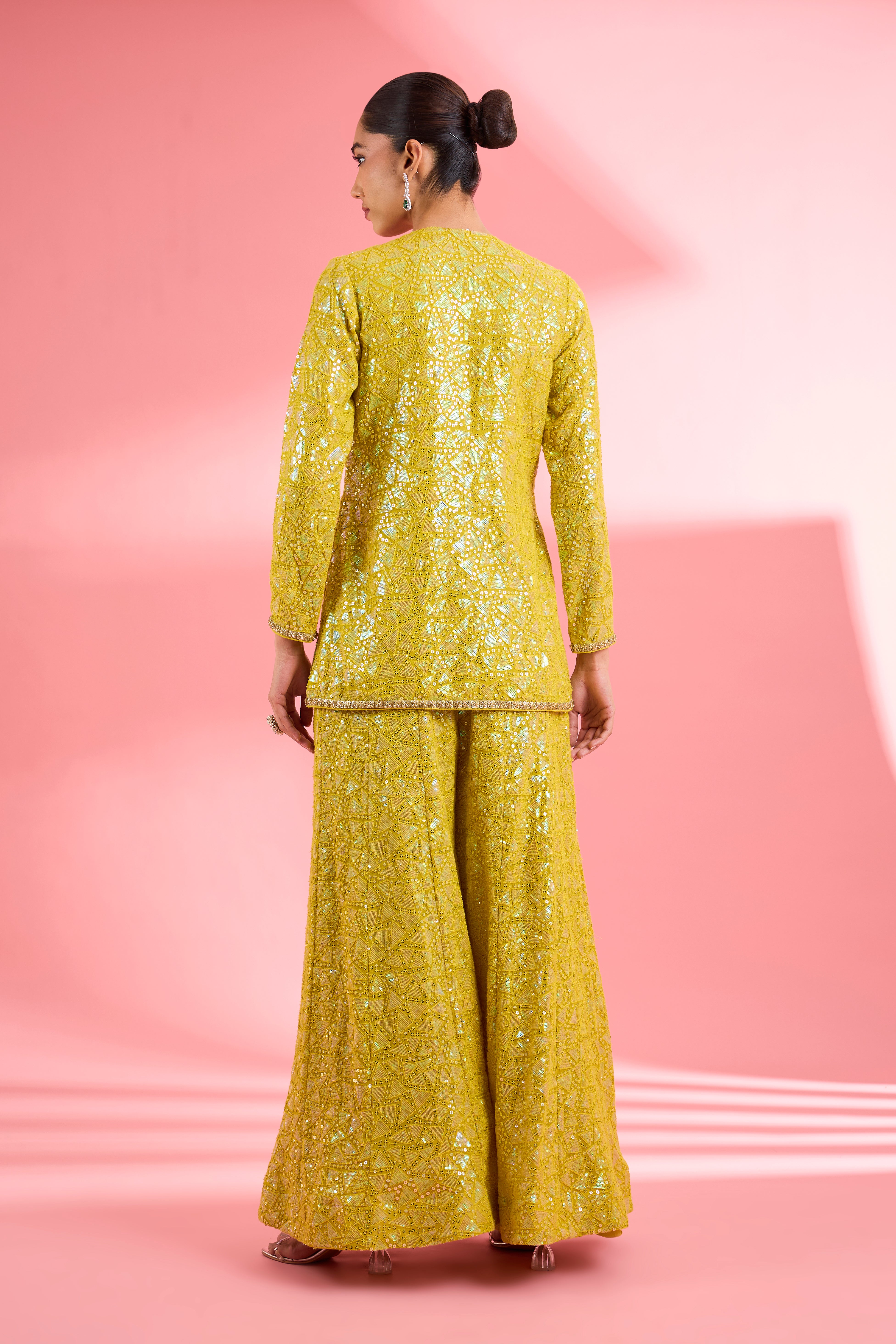 Lime Green  Georgette Sharara  Set With Thread And Sequin Work