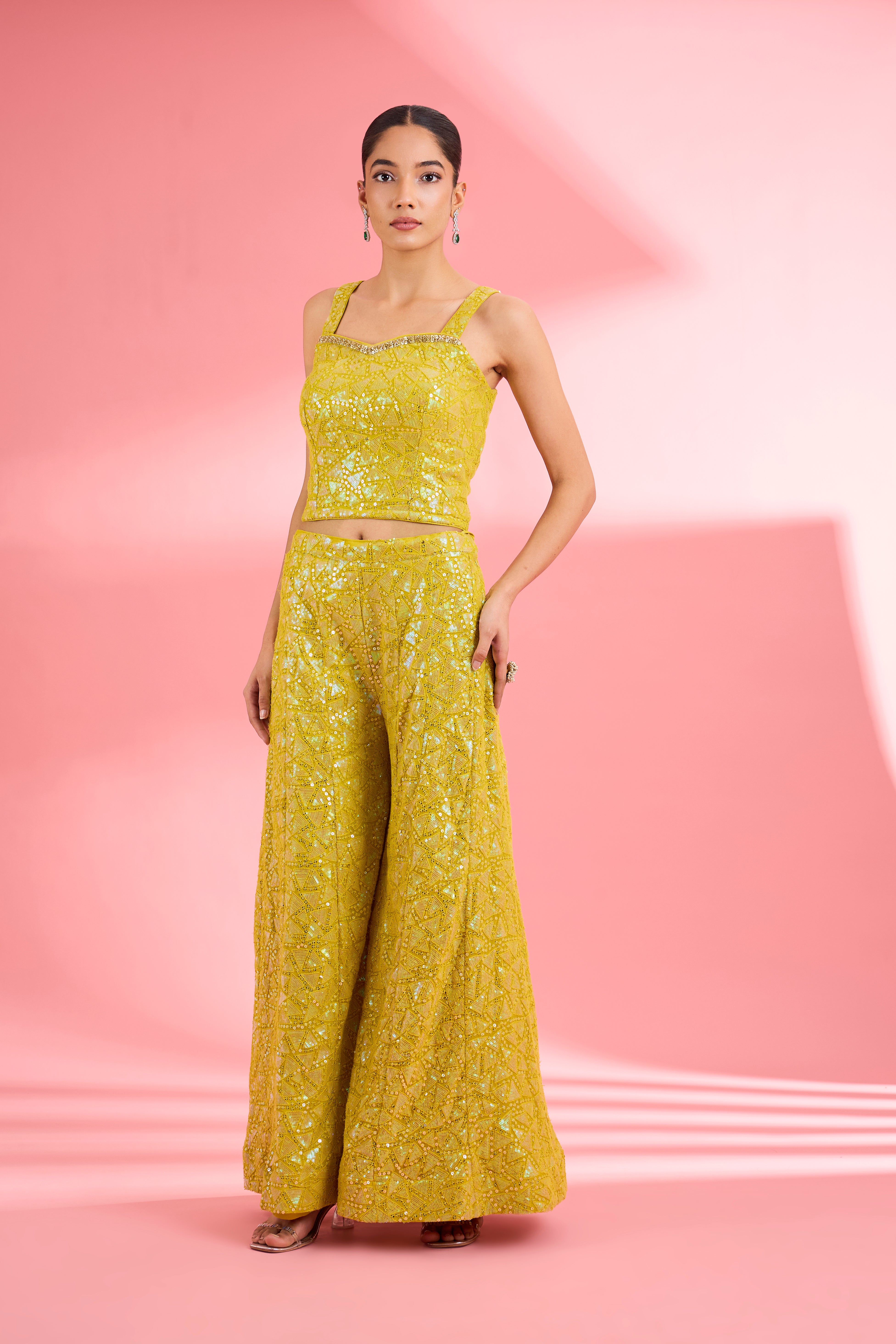 Lime Green  Georgette Sharara  Set With Thread And Sequin Work