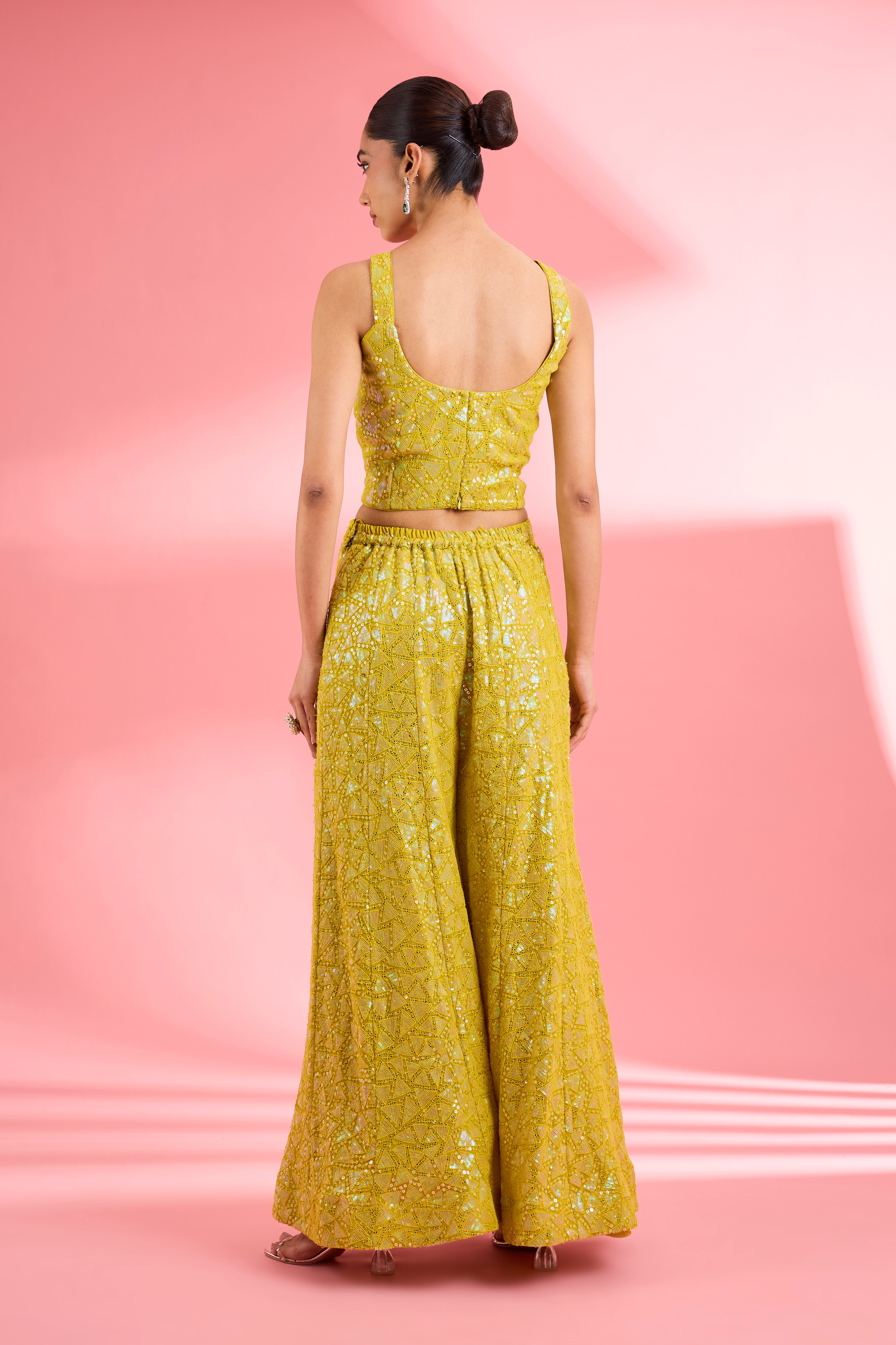 Lime Green  Georgette Sharara  Set With Thread And Sequin Work