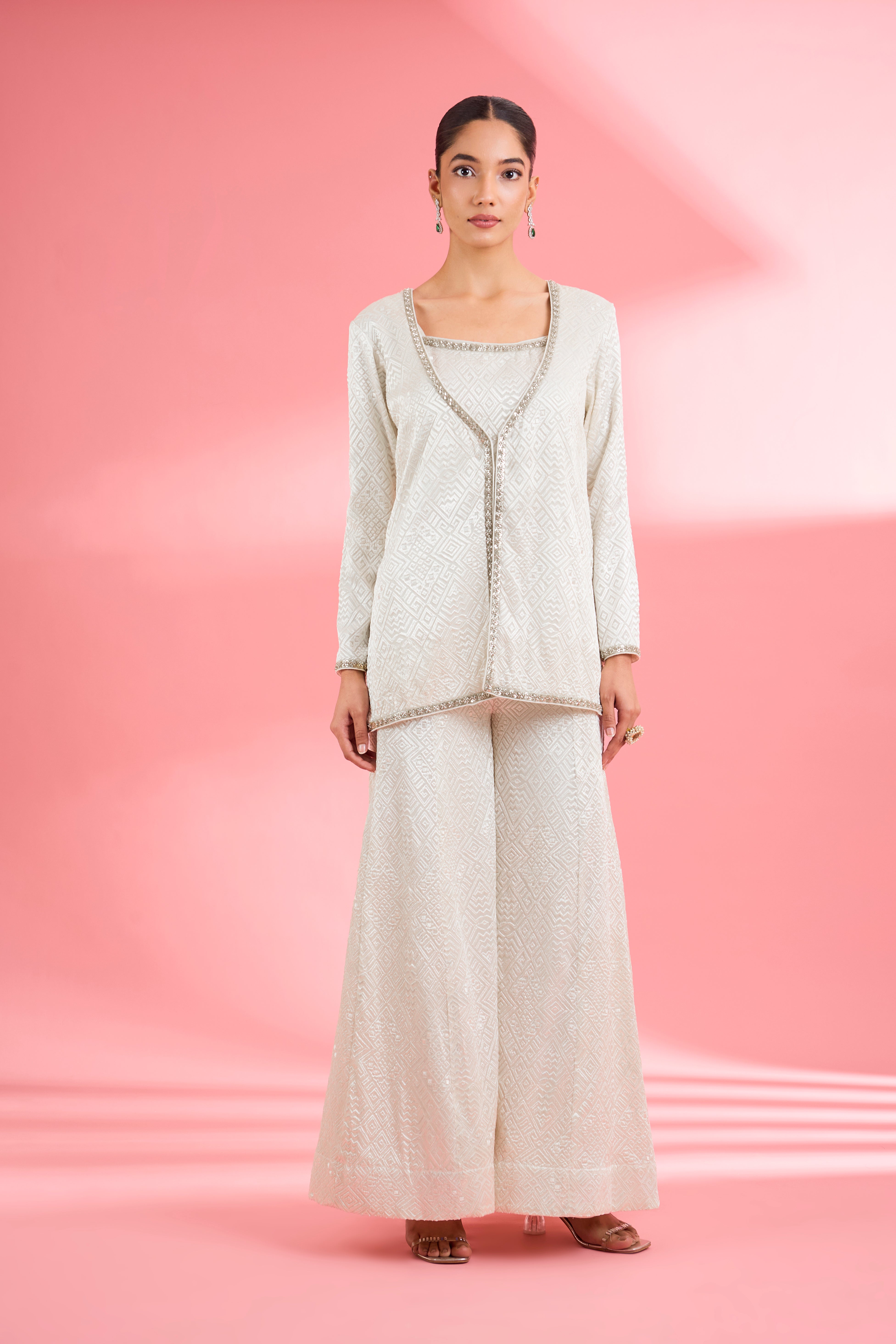 Ivory  Georgette Sharara  Set With Thread And Sequin Work