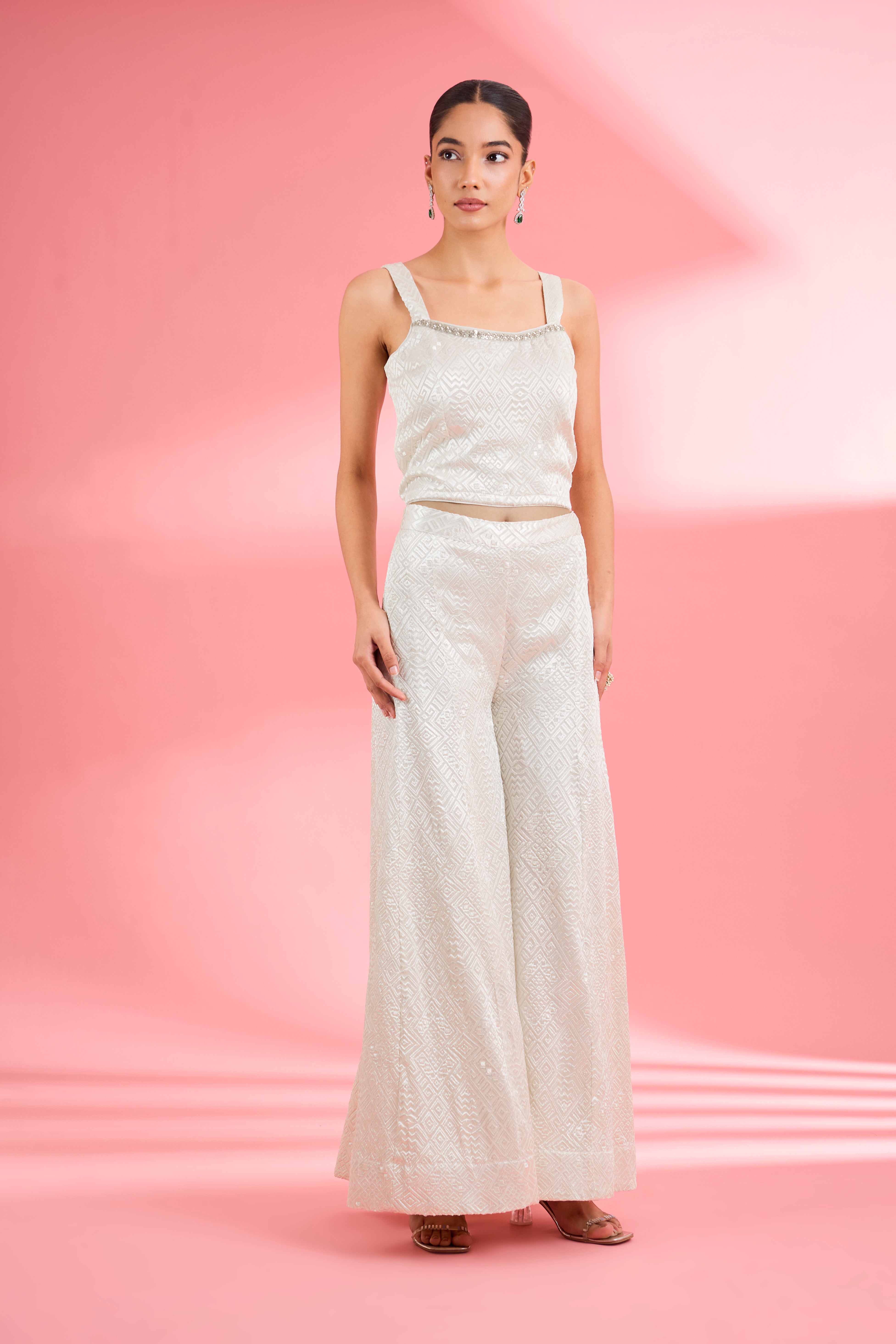 Ivory  Georgette Sharara  Set With Thread And Sequin Work