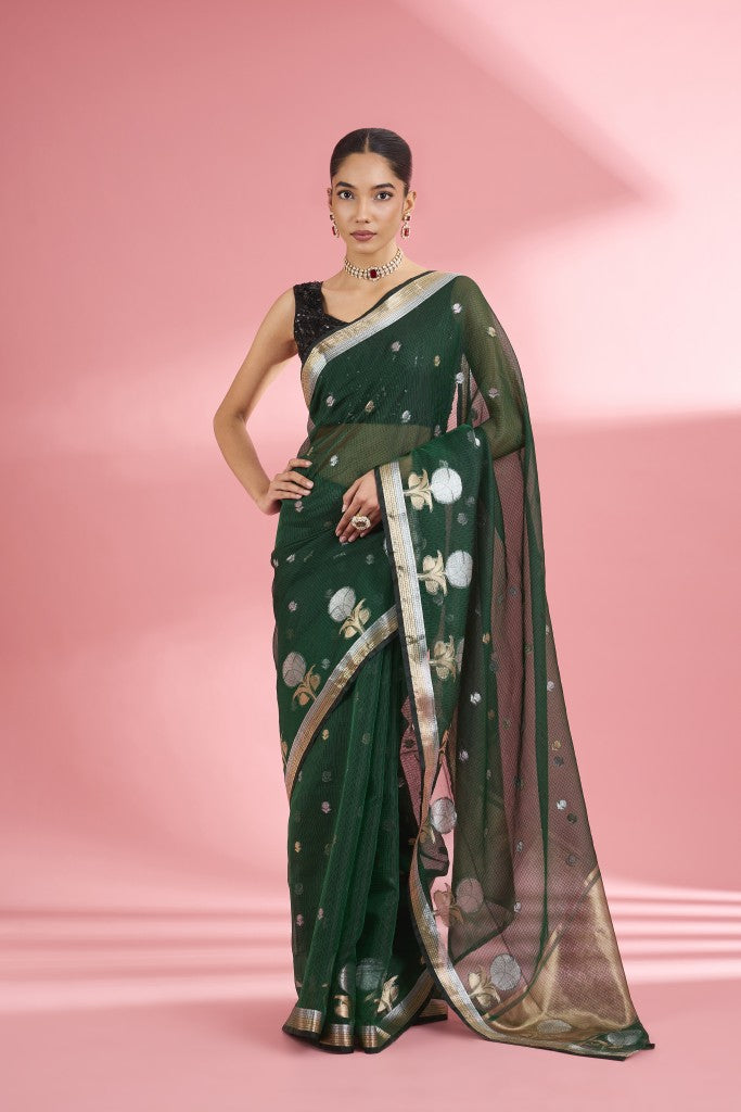 Dark Green Premium Kota Doria Silk Saree And Blouse Piece .