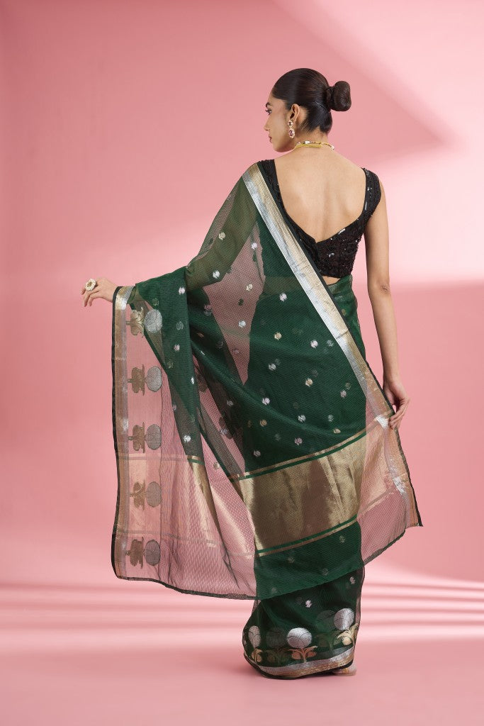 Dark Green Premium Kota Doria Silk Saree And Blouse Piece .