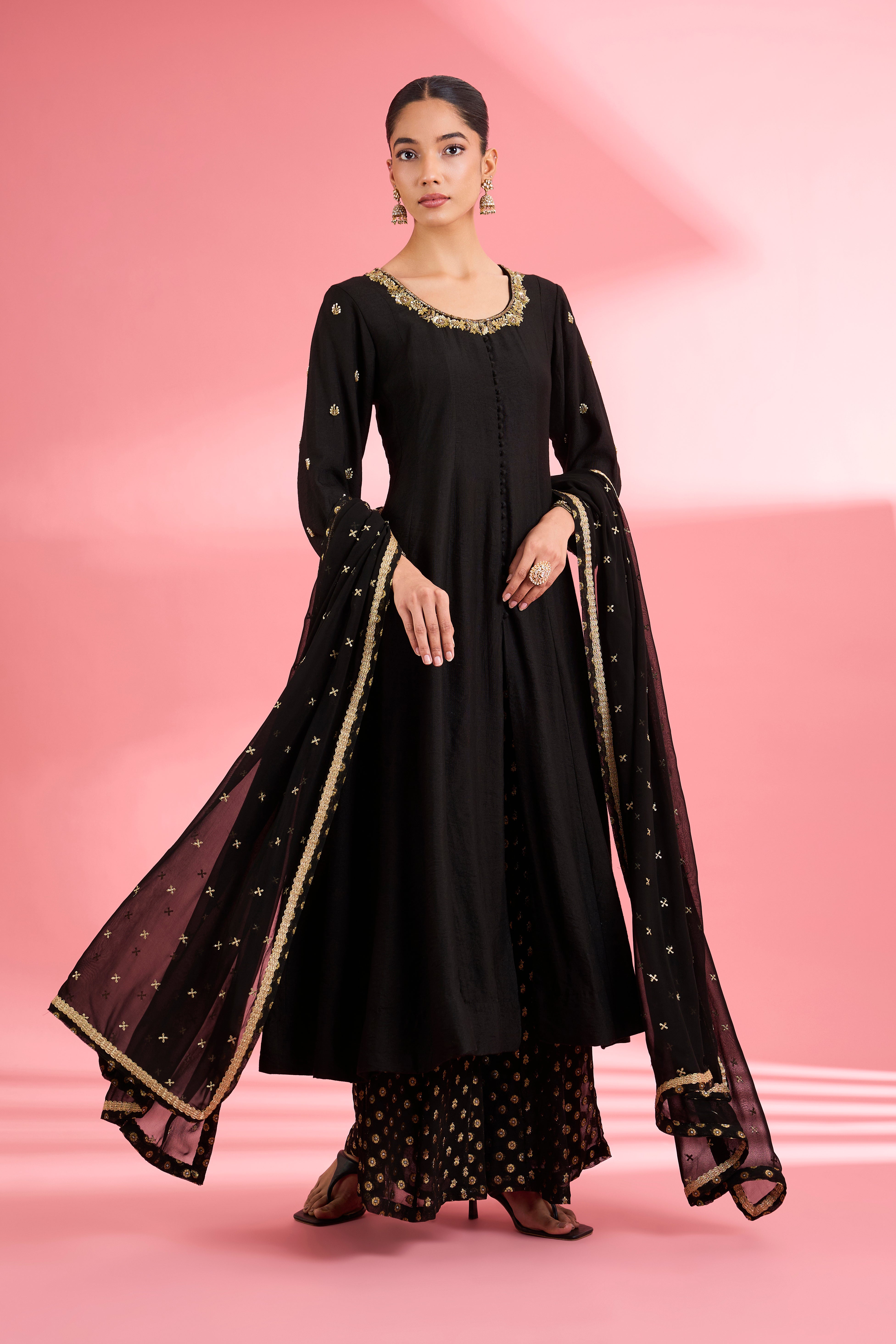 Black Katan Silk Anarkali Sharara Set With Hand Embroidery