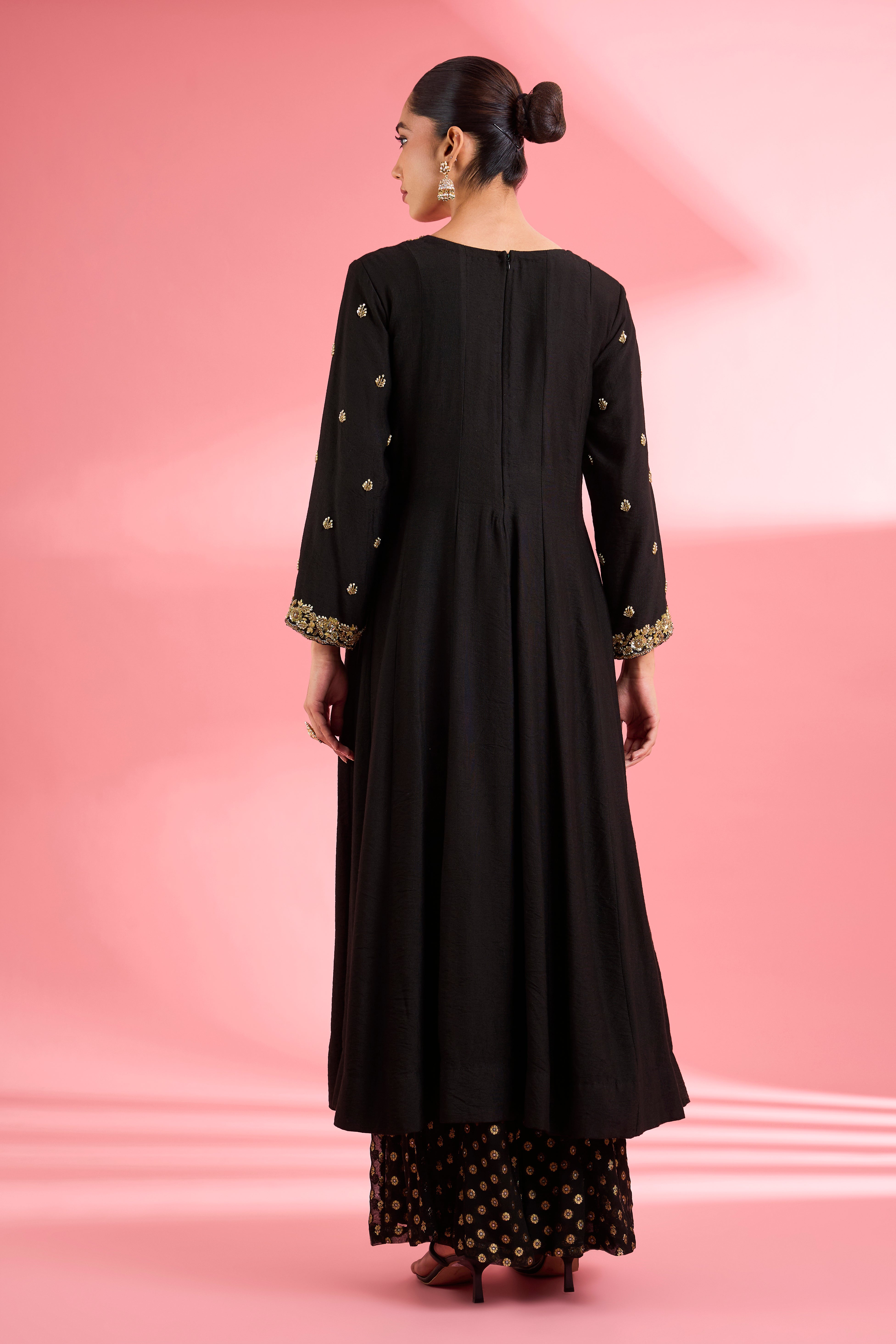 Black Katan Silk Anarkali Sharara Set With Hand Embroidery