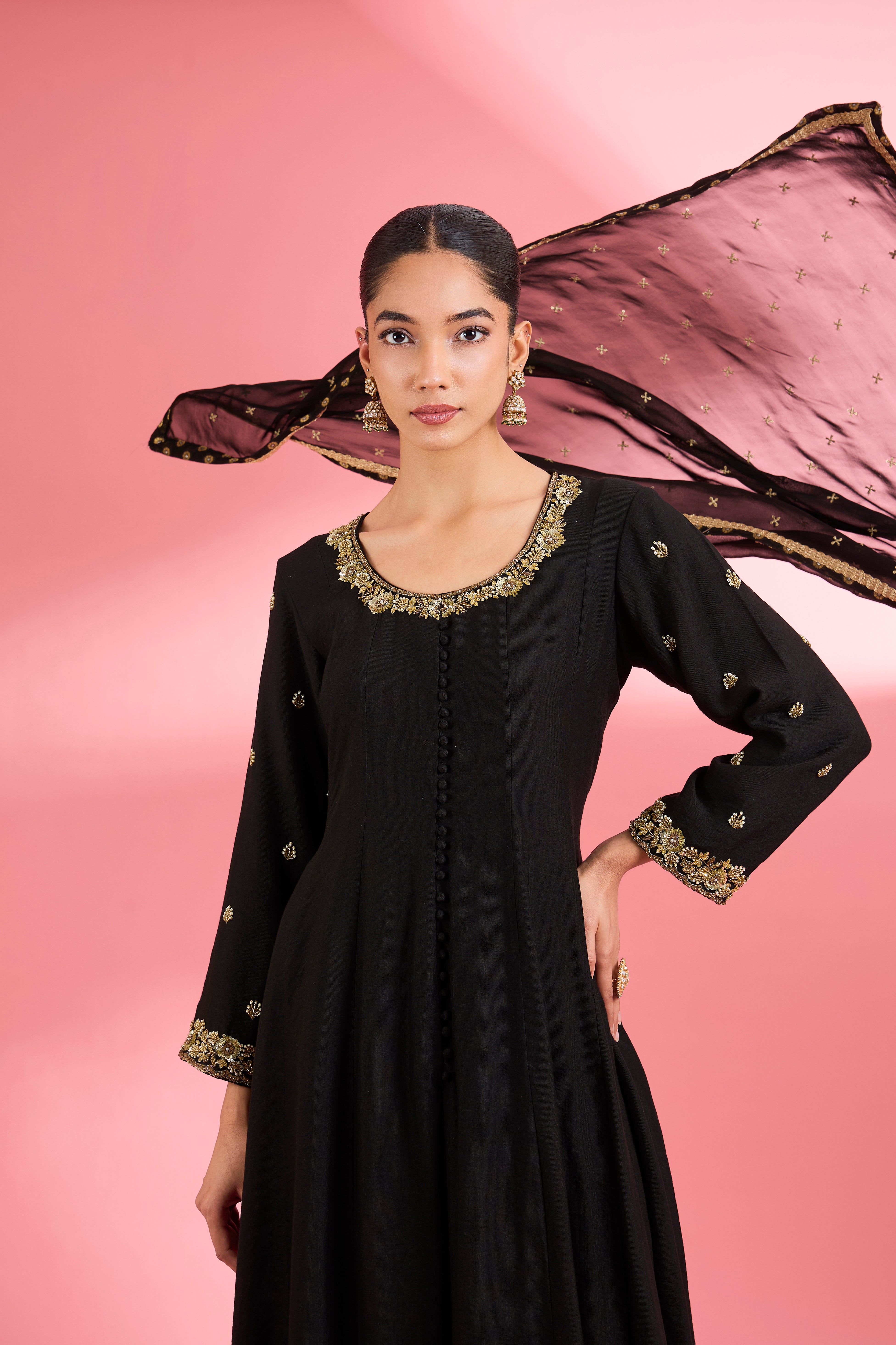 Black Katan Silk Anarkali Sharara Set With Hand Embroidery