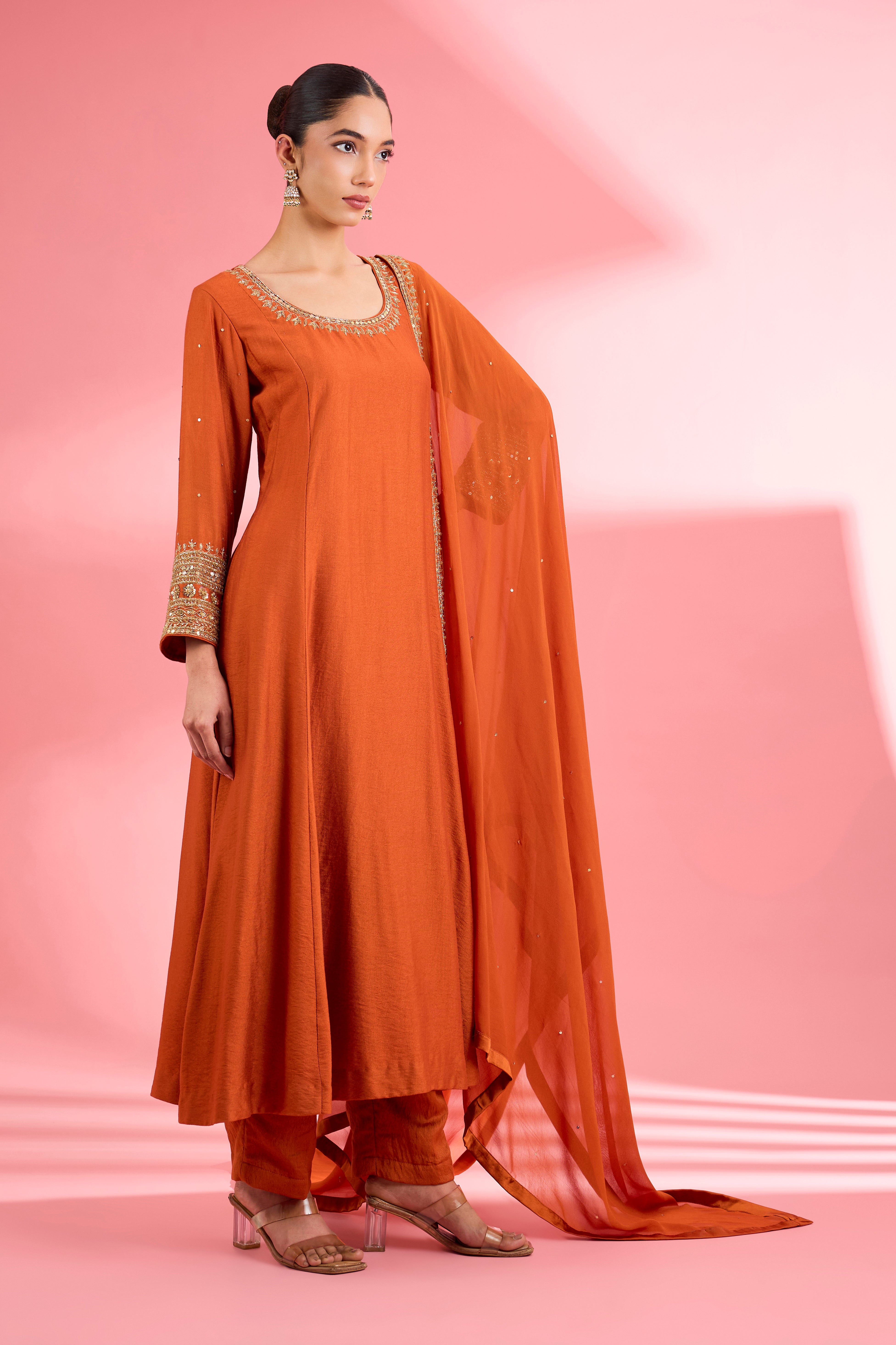 Rust Katan Silk Hand Embroidered Kurta Set