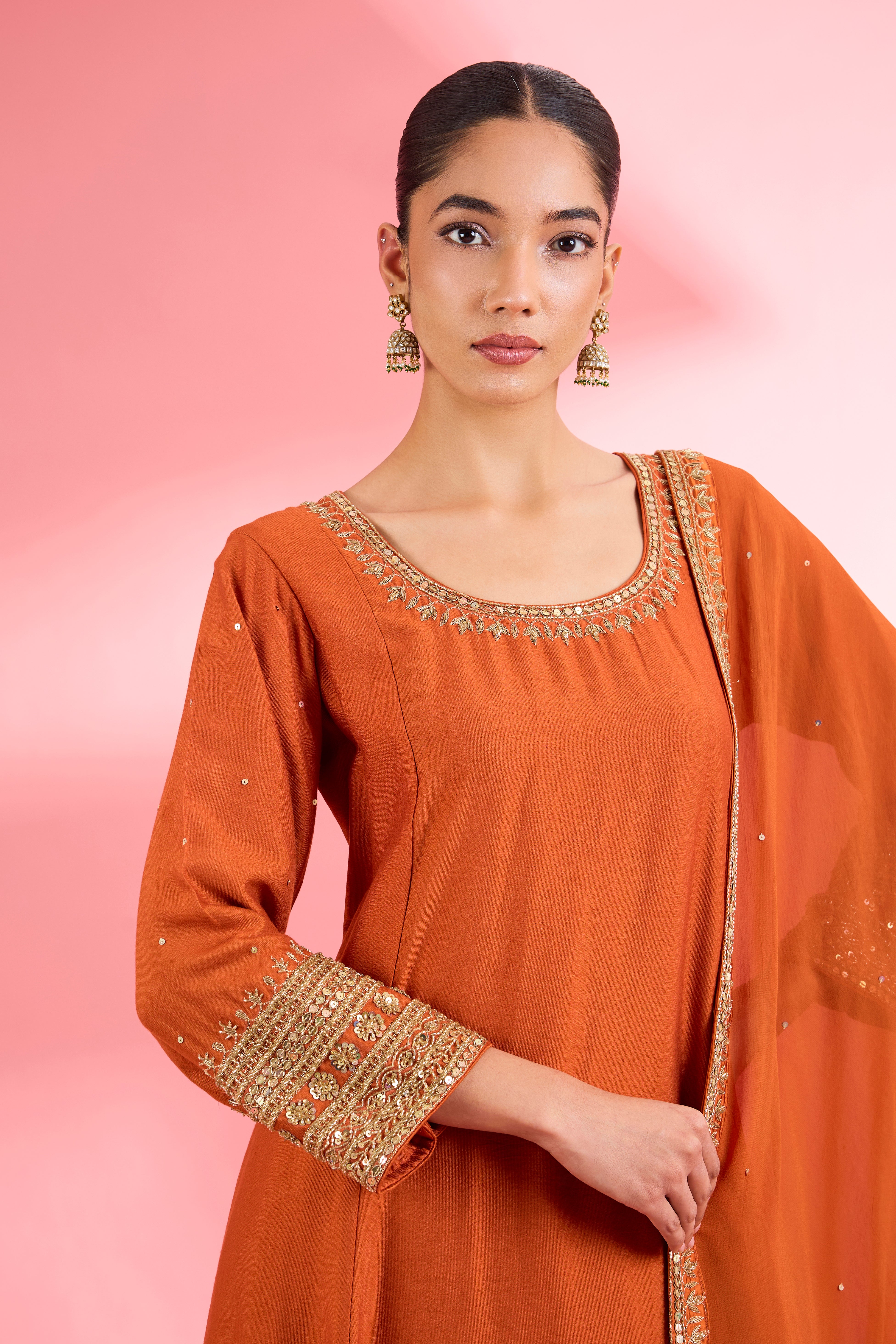 Rust Katan Silk Hand Embroidered Kurta Set