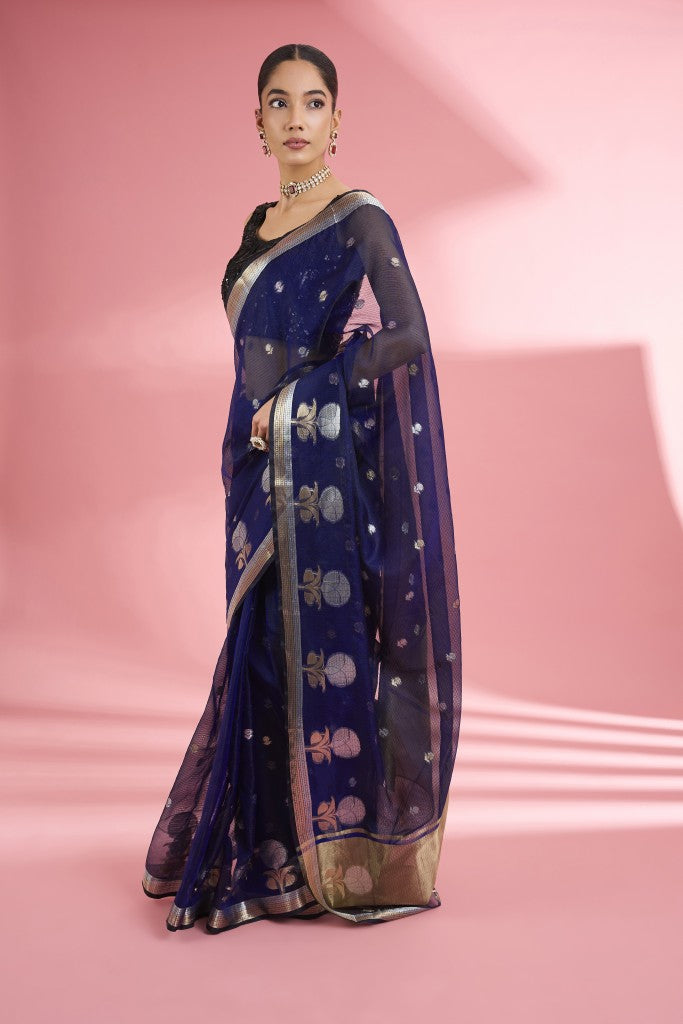 Dark Blue Premium Kota Doria Silk Saree And Blouse Piece .