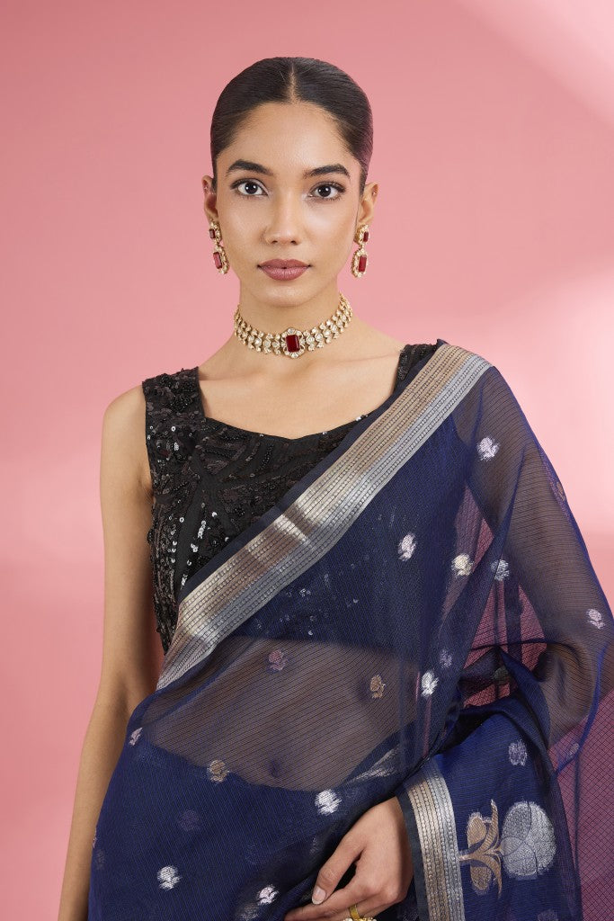 Dark Blue Premium Kota Doria Silk Saree And Blouse Piece .