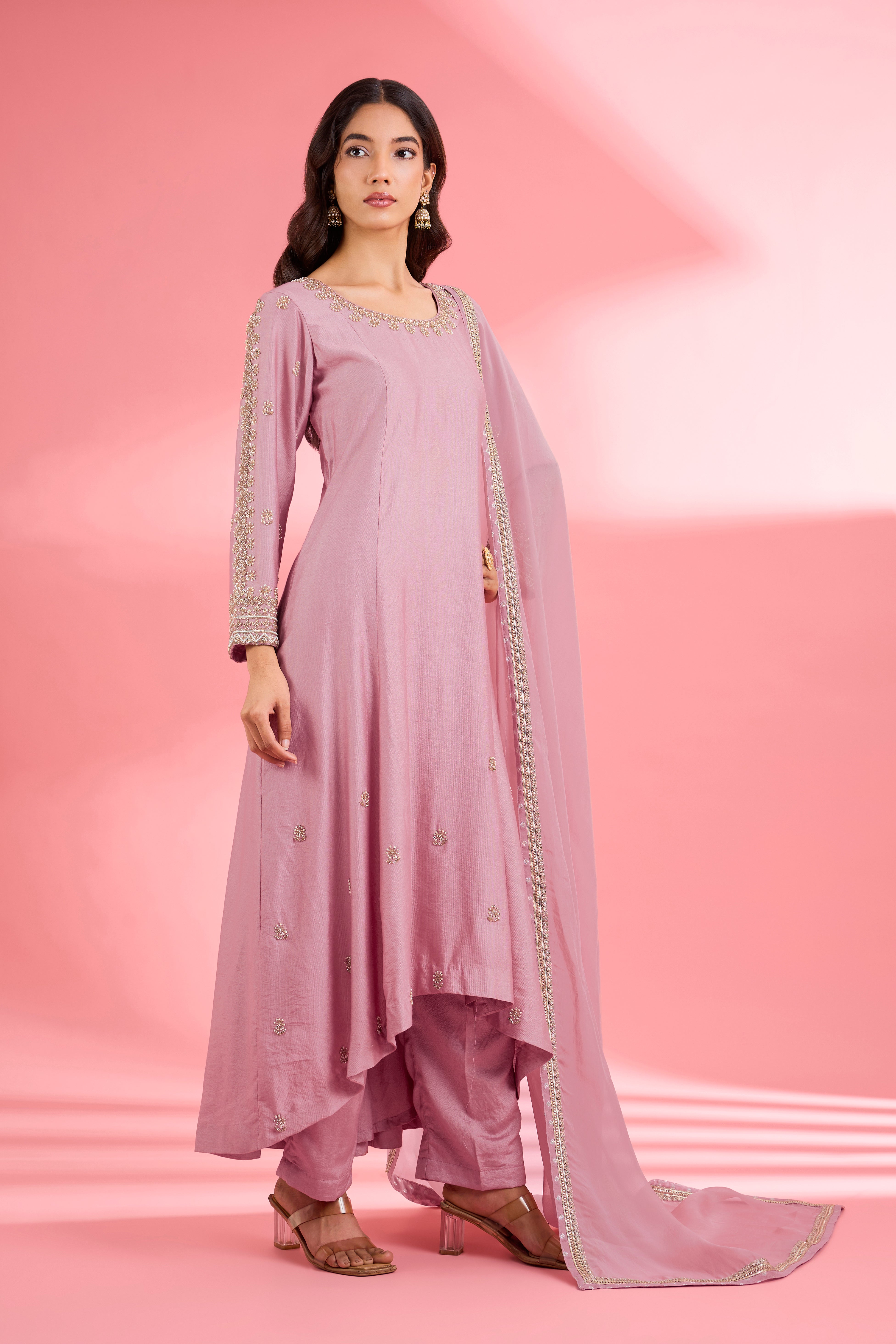 Pink Katan Silk Hand Embroidered Kurta Set