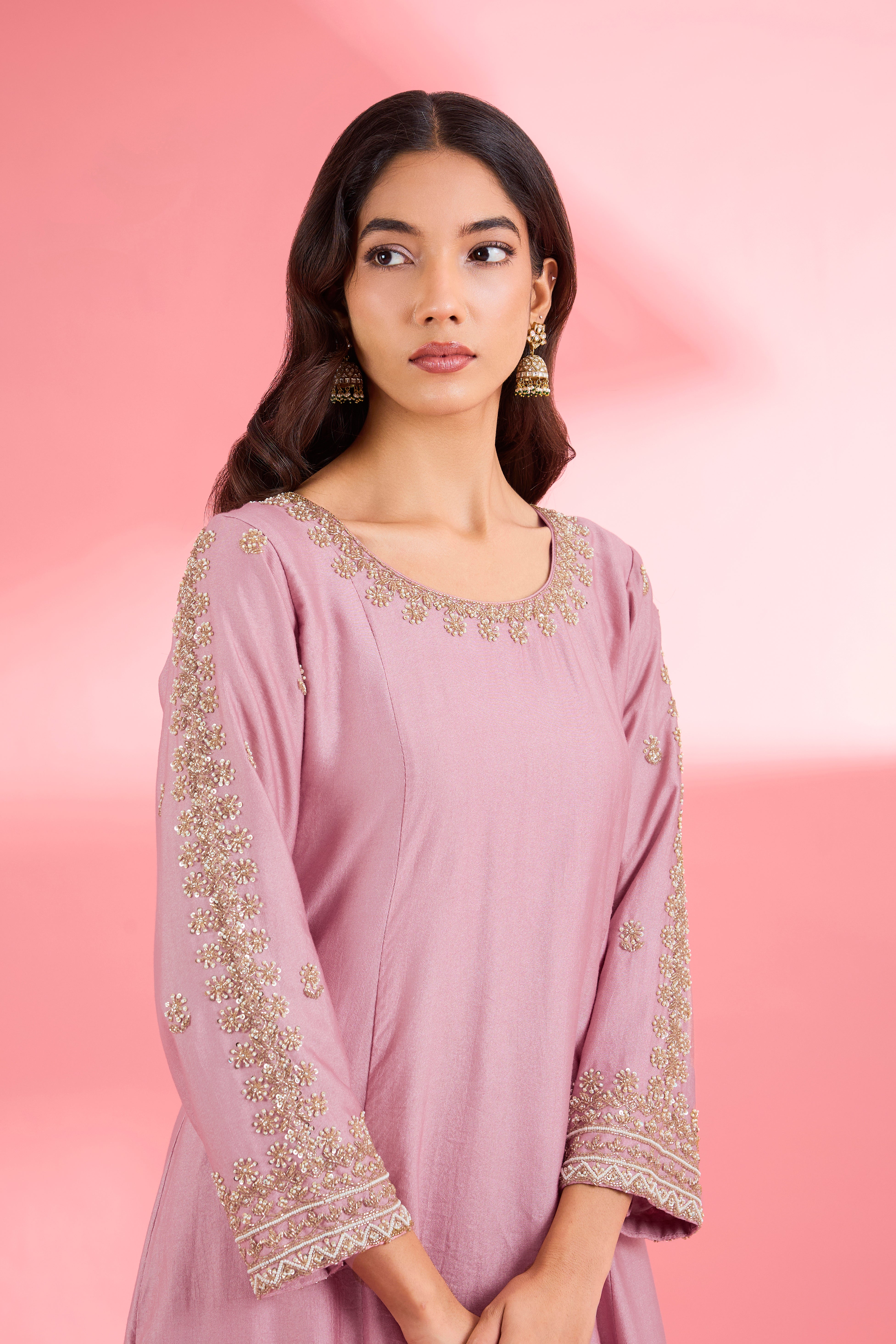 Pink Katan Silk Hand Embroidered Kurta Set