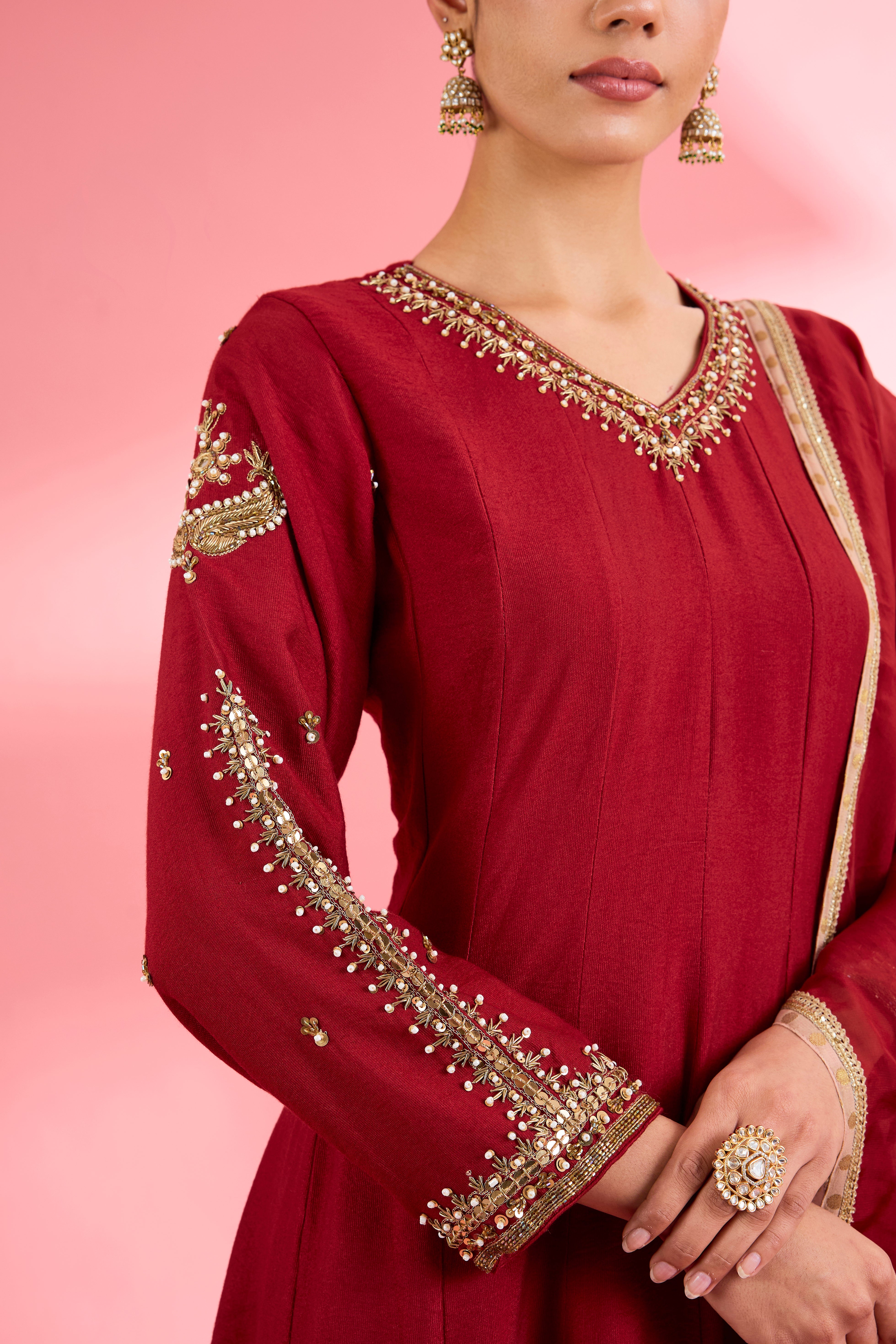 Maroon  Katan Silk Hand Embroidered Kurta Set