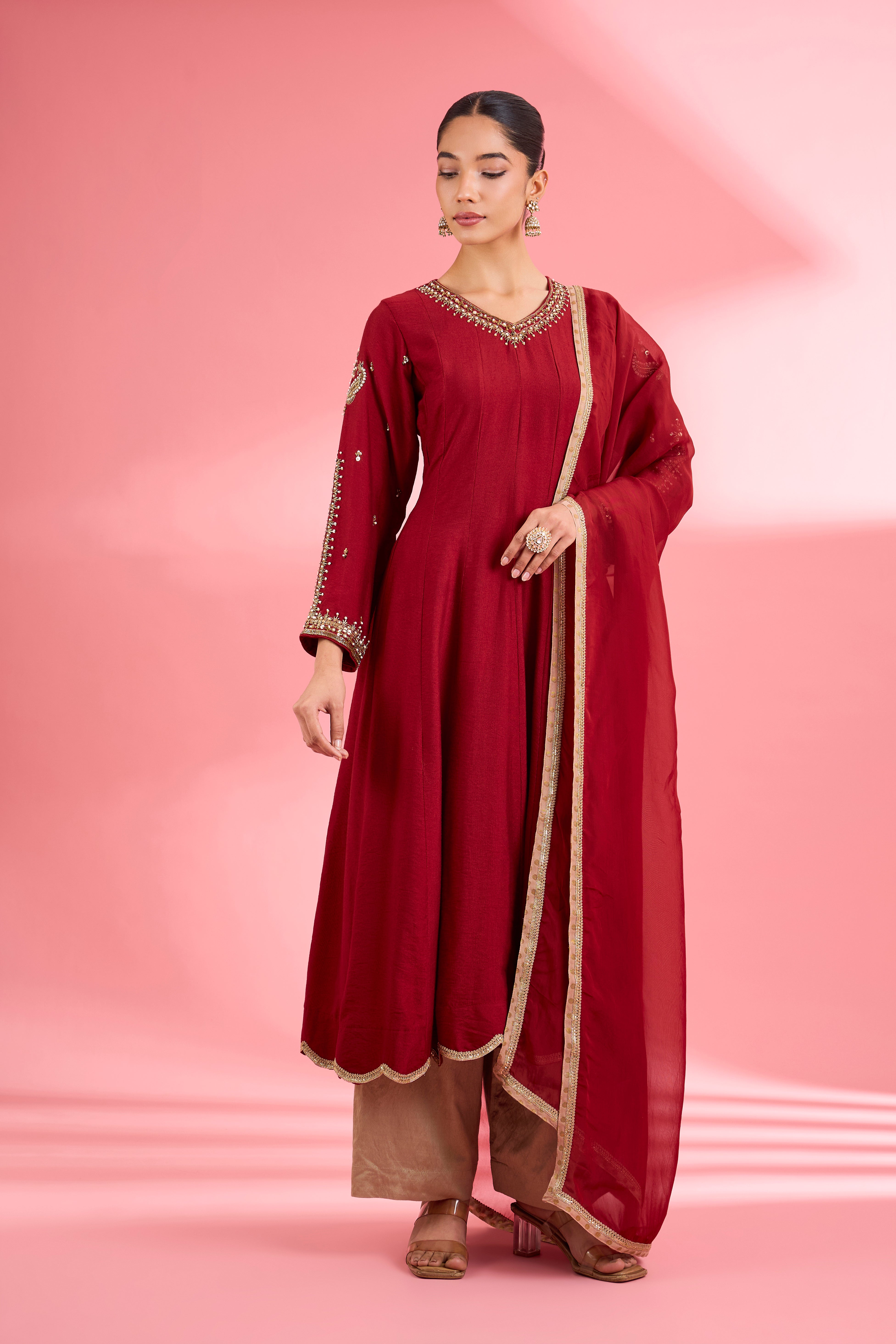 Maroon  Katan Silk Hand Embroidered Kurta Set