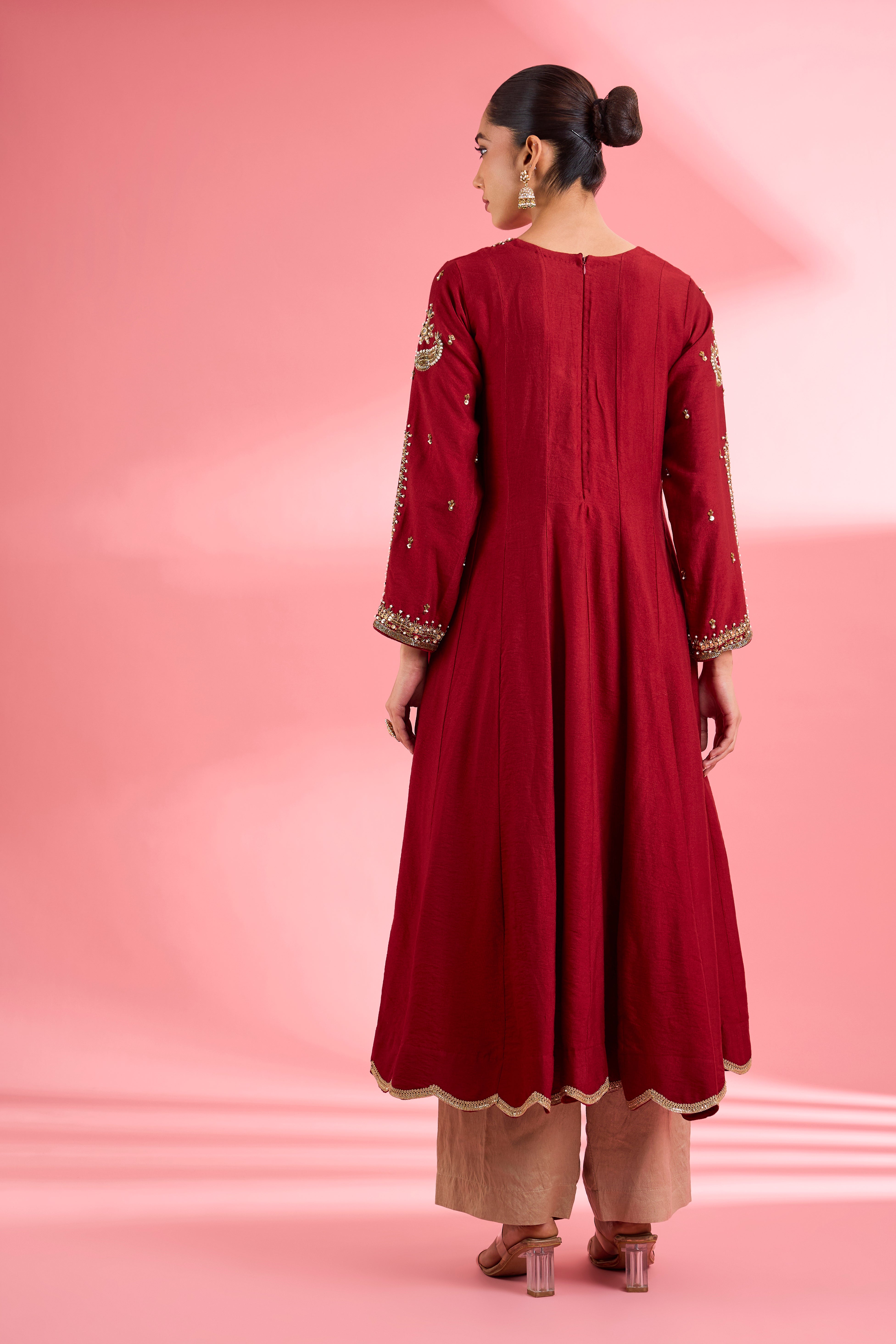 Maroon  Katan Silk Hand Embroidered Kurta Set